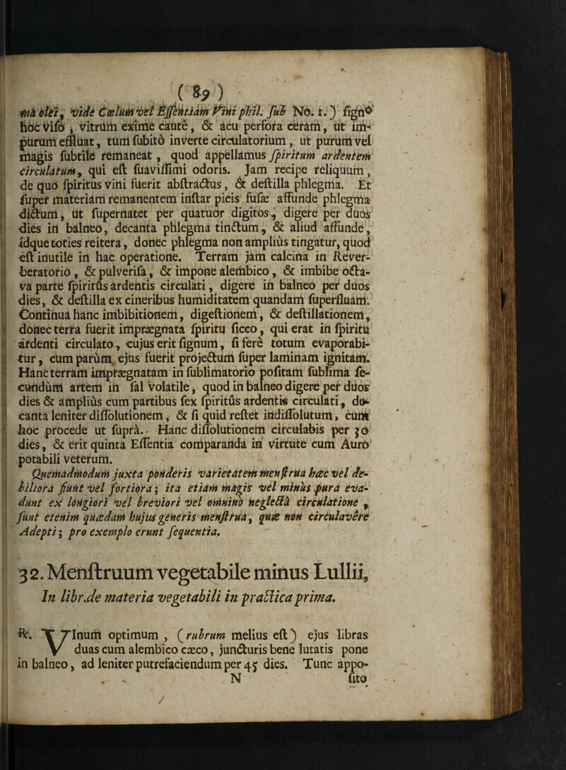 4*m maolei, vidi Coelum vel EJfetitiam f^ini plui, fiuh No. I.) fignG hoc Vifo ,. vitrum exime caute, & acu perfora ceram, ut im¬ purum effluat, tumfubito inverte circulatorium, ut purum vel ntagis fubtile remaneat, quod appellamus fipiritum ardenter* circulatum, qui eft fuaviflimi odoris. Jam recipe reliquum, de quo fpiritus vini fuerit abftradus, & deftilla phlegma. Et luper materiam remanentem inftar picis fufie affunde phlegma didum, ut fupernatet per quatuor digitos, digere per duos ■dies in balneo, decanta phlegma tindum, & aliud affunde, idque toties reitera, donec phlegma non amplius tingatur, quod eft inutile in hac operatione. Terram jam calcina in Rever- beratorio, &pulverifa, & impone alembico, & imbibe oda- va parte fpiritus ardentis circulati, digere in balneo per duos dies, & deftilla ex cineribus humiditatem quandam fuperfluam. Continua hanc imbibitionem, digeftionem, & deftillationem, donec terra fuerit impraegnata fpiritu ficco, qui erat in fpiritla ardenti circulato , cujus erit fignum, fi fere totum evaporabi¬ tur , cum parum, ejus fuerit projedum fuper laminam ignitam. Hanc terram impraegnatam in fublimatorio politam fublima fe¬ cundum artem in fal volatile, quod in balneo digere per duos dies & amplius cum partibus fex fpiritfis ardentis circulati, do*- canta leniter diflolutionem, & fi quid reftet indiflolutum, cutt» hoc procede ut fupra. Hanc diflolutionem circulabis per j o dies, & erit quinta Eflentia comparanda in virtute cum Auro' potabili veterum. 1J Quemadmodum juxta ponderis varietatem menjirua hac vel de¬ biliora fiunt vel fortiora; ita etiam magis vel minus pura eva¬ dunt ex longiori vel breviori vel omnino hegleltft circulatione , fiunt etenim quadam hujus generis menjirua, qua non circulavere Adepti; pro exemplo ermt fiequentia. 32. Menftruum vegetabile minus Lullii, In librJe materia vegetabili in praffiica prima. R. X Tinum optimum , (rubrum melius eft) ejus libras V duas cum alembico exeo, junduris bene lutatis pone in balneo, ad leniter putrefaciendum per 45 dies. Tunc appo- .- n . N uto /