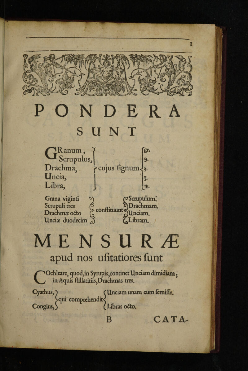 PONDERA SUNT /^Ranutn, Scrupulus, Drachma^, ^ cujus fignum<f5 Uncia, I Libra, j gr- 9- ?• Ifi. Grana viginti Scrupuli tres ■ . Drachm^ofto conftituunt- Uncias duodecim Scmpulum; [Drachmain. jUnciam. ,Libram. ' MENSURA apud nos ufitatiores funt ' X Cochleare, quod^in Syrupis,continet Unciam dimidiam • in Aquis ftillatitiis,Drachmas tres. Cyathus,^ CUnciam unam cum fcmiflej iqui comprehendiK Congius,y Cribras odio. B CATA