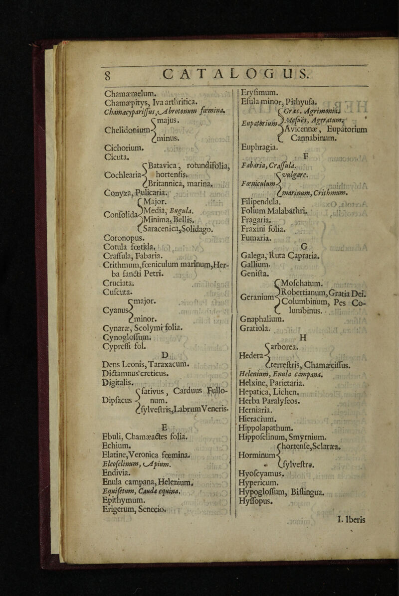 Cham^emelum. ^ ^ ; Chamscpitys, Iva arthritica. Chm£cipari(fus,K^brotomtn fomina. C majus. Chelidaniuin< ^ .. (^minus. Cichorium. : ; r:'- Cicuta. , - '/ CBatavica, rotundifolia, Cochlearia< hortenfev , ( ^Britannica, marina> Conyza, Pulicaria;:' r Major. ^ . ''^;p ^Minima^j Bellis. * C Saracenica,Solidago. Coronopus. ; ’ Cotula foetida.'.|J> , Craffula, Fabaria. ' > Crithmum,foenicuium marinumjHer- ba ran(5li Petri. . ^ ; \ Cruciata. .'li m .v< Cufciita. rmajor. Cyanus.' ri’ ■rf- ; eminor. , ^ .j j Cynara?, Scolymt folia. CynoglofTum. Cyprelli fbi. ' ; ? Ds Dens Leonis, Taraxacum. • r Didfamnus^creticus. ... Digitalis^ - .'/r' C fativus, Carduus Jjidlo- Dipfacus < num. efy Iveft ri%LabrumV eneris* * t ' -•tt ^ • E ?'-.- Ebuli, Chamjcades folia. Echium, ^ Elatine,Veronica foemina^ Bleofelimm, t^pium. Endivia. , • Enula campana, Helenium* • Equifetumj Cauda equina, r , . Epithymum. , ^ Erigerum, Senecio* i \ ^ ^ Ery fimum. Efula minor, Pithyufa. q 7' ‘ i ■ CGrac. >Agrimom^ * * -- 'jAvicennas, Eupatonum C Cannabinum. Euphragia. - .r7'4  ^ a;f]o ■ Fahdria,Craffula. '‘C vulgare, FceniculumK  ' (jnarinum,Crithrnurn, Filipendula. xv) ,f.rrji; Folium Malabathri,. d- Fragaria. , Fraxini folia. «- * -■ Fumaria. . . O .j.L Galega,'^Ruta Capraria. Gallium. Genifta. TMofchatum. Gcranium<^^j^^^j^^^^ Pes Co- C lurnbinus. -. Gnaphalium. Gratiola. r ■ « , ‘ “ H C arborea. Hedera-i , * _ c.terreftris, ChamcEcilTus. Helenium, Enula campana, Helxine, Parietaria. Hepatica^ Lichen. Herba Paralyfeos. Herniaria. Hieracium. Hippolapathum. Hippofclinum, Smyrniiim. rhortenfejSclaraea. Horminum< Uylveftr§, Hyofcyamus. Hypericum. Hypogloffum, Biflingua. HyfTopus. I. Iberis