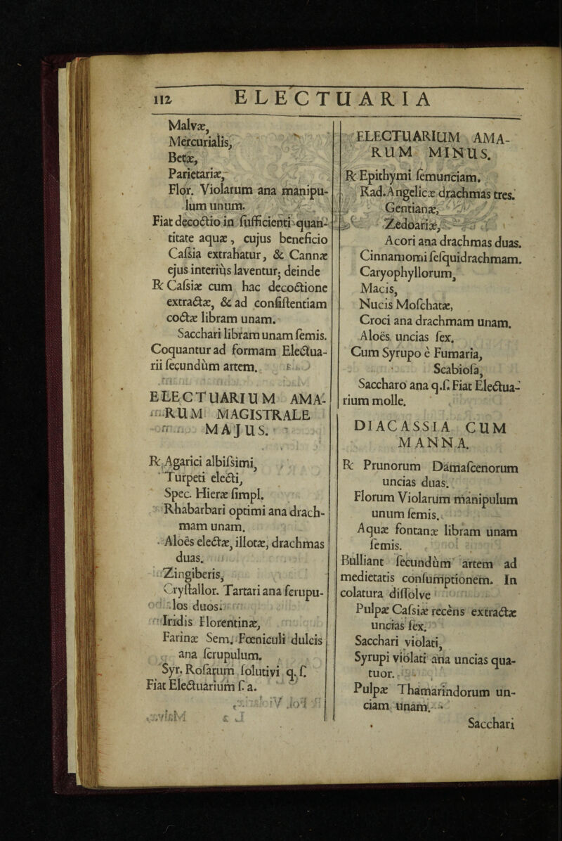IIZ E L E C TU A RIA Malvae, Mercurialis^ Bccae, Parietaria?' # , f -* >.. * Flor. Violarum ana manipu¬ lum unum. V 4 Fiat decodio in iiifBcientuquah- titate aquae, cujus beneficio Cafsia extrahatur, 3c Cannae ejus interius laventurj deinde R Cafiiae cum hac decoctione extraCtae, &ad confiftentiam coCtae libram unam. Sacchari libram unam femis. Coquantur ad formam EleCtua- rii fecundum artem. ? ■ii : EtECTUARIUM AMAl ‘n.RUM MAGISTRALE i MAJUS. - r ' V R Agarici albifsimi, / ’ 'Turpeti eleCti, Spec. Hierae fimpl. Rhabarbari optimi ana drach¬ mam unam. - Aloes eleCtae^ illotae’ drachmas duas. Zingiberis^ Cryftallor. Tartarianaferupu- < ^-^^los duosi V ^Iridi s F lorentinx, Farinae Sem. Foeniculi dulcis ana fcrupulum. , Syr.Rolarurn folutivi q.C ' Fiat EleCtuarium f a. ^ i ELECTUARIUM AMA- ' RUM MINUS. R Epithymi lemunciam. Kad.An^licae djrachmas tresJ Gentianae, .0 z Acori ana drachmas duas. Cinnamomi felquidrachmam. Caryophyllorum^ Macis, Nucis Mofchatae, Croci ana drachmam unam. Aloes, uncias fex. Cum Syrupo e Fumaria, Scabiola, Saccharo ana q,f. Fiat EleCtua- rium molle. DIACASSIA CUM MANNA. R Prunorum Damalcenorum uncias duas. Florum Violarum manipulum unum lemis. V Aquae fontanae libram unam lemis. Bulliant lecundiim* artem ad medietatis confunipdonem. In colatura dilToive * Pulpae Cafsiae recens extraCtac uncias fex. Sacchari violati Syrupi violati ana uncias qua- tuor. j Pulpae Thamarindorum un¬ ciam unam.- * . Sacchari /