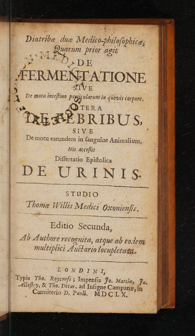 ————————————Ó -———— ——— Diatribe dug Medico-bhalofobhicg, iei marum prier agit x2 NIC RCOCUDUODE /JFERMENTATIONE | SÍIVE ia De motu intefliuo bitum it quovis Corpore. Bi wA IERA LR iQ | TXHSBSÉBRIBUS. SIVE De motu earundem in fanguine Animalium, Sos His. acceflit Differtatio Epiftolica ——— M - A CORP MT STUDIO I bome Wallis Medic; Oxontenfis. MÀ —À Editio Secunda, 4b I utbore reconuita, atque ab eodem multiplici A utlario locupleta tá. T —— à LONDINI, Typis Tho. Roycrofi; Impenfis 7o. Mavim, J«. dlefliy, &amp; Tho. Dicas, ad Infigne Campanz,in Camiterio D. Paslj, MD CLX.