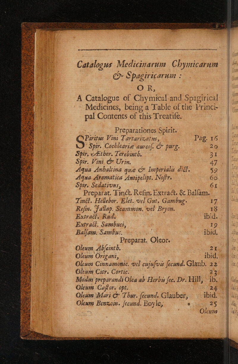 pre Ee ee CO ee Bes gy Spagiric avin : OR, A Coetorus of Chymical and Spagirical - Medicines, being a Table of the Princi- pal Contents of this Treatife. Preparationes Spirit. Piritus Vini Lartarizatns, Pag. 15 Spir. Cochlearie aureof. &amp; purg. 20 Spin. cEtber. Terebinth. a1 Spir. Vint &amp; Urin. | AT Aqua Anbaltina que &amp; Imperial dif. 59 Aqua Aromatica Antipelipt. Noftr. Go Spir. Sedativus, 61 Preparat. Tina. Refin, Extrad. &amp; Balfam. Tindt. Hellebor. Elet. vel Gut. Gambug. 17 Refin. Fallap. Scammon. vel Bryon. 18 Extract. Rud. | ibid. Extract. Sambuct, 19 Balfaems: Sambuc. | ibid. Preparat. Oleor. Oleum Abfcinth. 21 Oleum Origani, ibid. Olkeum Cinnamonic. vel cujufvs fecund. Glaub. 22 Oleum Cir. Cortie. 23 Modus preparandi Olea ab Herbs fec. Dr. Hill, ib. Okum Caffor. opt. 24 Oleum Mari &amp; Tbr fecund. Glauber, ibid. Olenm Benxoin. fecund. Boyle, ° 25 Oleuma