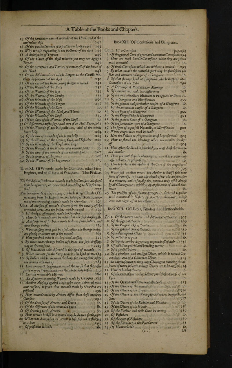 15 Of thif particular cure efrvounds of the Head^ and of the mufculous skin 241 16 Of the particular cure of a jratiure or broken sk^U 243 .17 k^hy we ufe trepanning in the jraclures of the skpiU 2 44 18 j4 defer ipt ion of Trepans 245 15? Of the places of ihe sk^U whereto you may not apply a Trepan 247 2 o Of the corruption and Caries, or rottennejl of the hones of the Head 2 48 21 Of the difedmmodities which happen to the Craffi Mc- niiijc byfradures of the skpdl ' 250 2 2 Of the cure of the Brain^ being (hak^n or moved 251 23 Of the Wounds of the Face 252 24 Of oe Wounds of the Eys 253 25 C7 be Wounds of the Cheeks 255 2 6 Of the Wounds of the Nofe 2') 6 2 7 Of the Wounds of the Tongue 257 28 Of the Wounds of the Ears ib. 2p Of the Wounds of the Neckband Throat ib. 30 Of the Wounds of the Chef 2 5 p 31 Of the Cure of the Wounds of the Chef ib. 3 2 Of dijferencesycaufesftgns^and cure of an He&,Fever,2 62 33 Of the Wounds of the and of the whole lower belly ' 2(54 34 Of the cure of wounds of the lower belly 265 3 5 Of the Wounds of the Groins^ Tard^ and Tejiicles 266 3^ Of the Wounds of the Thigh and Legs ib. 37 Of l^ounds of the Nerves and nervous parts ib. 1 3 8 Of the cure of the wounds of the nervom parts 2 (57 ^ 3 p Of the wounds rf the join ts 26^ .40 Of the Wounds of the Ligaments 26 p Bo ok XI. Of Wounds made by Gun-Ihbt, other Fiery' Engines, and of all forts of Weapons. The Preface. , ' \ Thefrfl difeourfe wherein wounds made by Gun-Jhot are freed from being burnt^ or cauterized according to Vigo’s me- thod 272 Another, difeourfe of thefe things^ which /fiwg Charles IX. returningfrom the Expedition^and taking ofEsMtnjnquj.- red of me concerning wounds made by Gun-fhot \ 273 Ch.i. A divifwnof wounds drawn from the variety office woundedpartSj and the bullets which wound 278 2 Of the figns wounds made by Gun-Jhot ib. 3 How thefe wounds muft be ordered at the frrji drejjingfh. 4 A defeription of fit Injiruments to draw forth bullets.^ and' other fir ange bodies . ■ 2jp 5 What drejjing muji firQ: be ufed^ after the ftrange J/Q^ies. are pluckt or drawn out of the wound 281 6 How you Jhall order it at the fecond drefring 282’ 7 By what meansfrrange bodies left in at the frrji dr^0ng^ may be drawn forth 8 Of Indications to be obferved in this kjnd of wounds ib. * p What remains for the Surg. to do in this kind ofwo.2%s^, I o Of Bullets which remain in the body for a long time after the wound is healed up ' 285 | , 11 How to corred the cojifritutions of the airfo that theno^ly parts may bejirengthened^and the wloole body befide ’ ib. j 12 Certain memorable Hijiories 2%6 13 An Apology concerning Wounds made by Gun-fhot 287 14 Another Apology againfr thofe who have laboured with new reafons^ to prove that wounds made by Gun-Jhot are poifoned ) 2^p 15. How wounds made by Arrows differ from thofe made by Gunjhot . . ’ '^';2pi 16'Of the diverfity of Arrows and Darts ') ib. 17 Of the difference of the wounded parts , ib. 18 Of drawing forth .^rrows (6 . ,0 fb. ip How arrows broken in a wound may be drawn forth J2p2 20 What to be doneyphen an arrow islyfifajined orfricking in a hone ■. . \ 2p^ Book XII. Of Contufions and Gangrenes. Ch. I. Of a Contufron p 3 2 Of the general Cure of great and enormous Contufions Ji p 4 3 How we muji handle Contufions when they are joined with a wound ■ ib. 4 Of thofe Contufions which are without a wound 2p5 5 By what means the contufed part may be freed from the fear and imminent danger of a Gangrene ' ib, 6 Of that frrange kind of fymptome which happens upon Contufions of the Kibs 2p6 7 A Difeourfe of or Mummy ib. 8 Of Combujiions and their differences 2p7 p Of hot and attraClive Medicins to be applied to Burns jb. 10 Of a Gangrene and Mortification 2pp 1 I, Ofthe general and particular caufes of a Gangrene ib. 12 Of the antecedent caufes of a Gangrene ib. 13 Of thefigns of a Gangrene 300 14 Of the Prognofricks in Gangrenes 301 15 Of the general Cure of a Gangrene ib. 16 Of the particular cure of a Gangrene ib* 17 The figns of a perfels Necrofis, or Mortification 302 IS Where amputation mufr be made ib. ip How the Se&ion or Amputation mufr be performed 303 2 o How to Jianch the bleeding when the member is tak^n off 304 21 How after the bloud is franchedyou mufr drefr the woun¬ ded member ib. 2 2 How youmufi frop the bleedings if any of the bound up vefrels chance togetloofe ib. •23 How to perform therefidue of the Cure of the amputated member :o5 2 4 What jufr occajion moved the Author to devife this new form of remedy^ to jtanch the bloud after the amputation of a member^ and toforjdke the common way. ufed almofr by all Cbirurgeons 5 rphich is by application of actual cau¬ teries -J ' ib. 25 ThepYaBice of the former .precepts is^ , declared, together with a memorable Hifrory of a certain Souldkr '-^' whofe arm was tak^n off at the elbow x 3©^ , Book XIW. Of Ulcers, Fiftulaes, and Haemorrhoids. • ' ' r' Ch. I. Of the nature cauf?/, and differences of V leers j 3 07 2 Of thefigns of VlceYs ,\ ..'■'^op 3 Ofthe Prognofricks of Vleers. ib. 4 Of the general cure ofVlcers, -f; w,’.' v. 310 •)^OfadiJiemperedVlcer^'\^ .\ I \ 311 ' ,^.4 ib. 21 Of poifonoUs wounds t \o ib. ^ 6 Of an Ulcer of pain 7 Of ZlJ^erSj wi{h overgrowing orproudnefroffl&Jh - ^ 5 ^ ^ ‘8 Of anTJlcer putrid afi^breeding worms i r.-• v ib. < p Of afordidUlcen ^ • ib. ^10 Of a virulent and. malign Ulcer^ which is termed Cet- - ^ coethps, and of a ChironianU leer , 313 11 An advertifement to they mngChirurgeon touchtngthedi- .france of times wherein malign Ulcers are to be dreff&d.,j 14 12 How to bindup Ulcers ib.' 13 Of the cure of particular Ulcer's^ and firfrof thdfe of the Eyes ib. 14 Of the Qzaena andU leers of the Nofe t 315 Of the Ulcers of the mouth C\ v,/''■->-rh A', ib. 16 Of the Ulcers of the Ears, 16 17 Of the Ulcers of the Wind-pipCfWzazon^ Stomach .^and .. Guts , ,V , - 317 i^r^Of the Ulcers of the Kidnies and Bladder . ib. ip OftheUlcersoftheWorfih, \ff- - >; 3*^ 2 o Of the Varices and their Cure by cutting 3^9 21 Of Fifrulaes ^ . . 'C\r ib. 22 Of the Qttre of Fifrulaes '.A . ' ' . ' 3^“^ 23 Of the Fi(iulaes in the Fundament . 5^* 2 Of Haemorrhoids • O' fa 2j , C3F