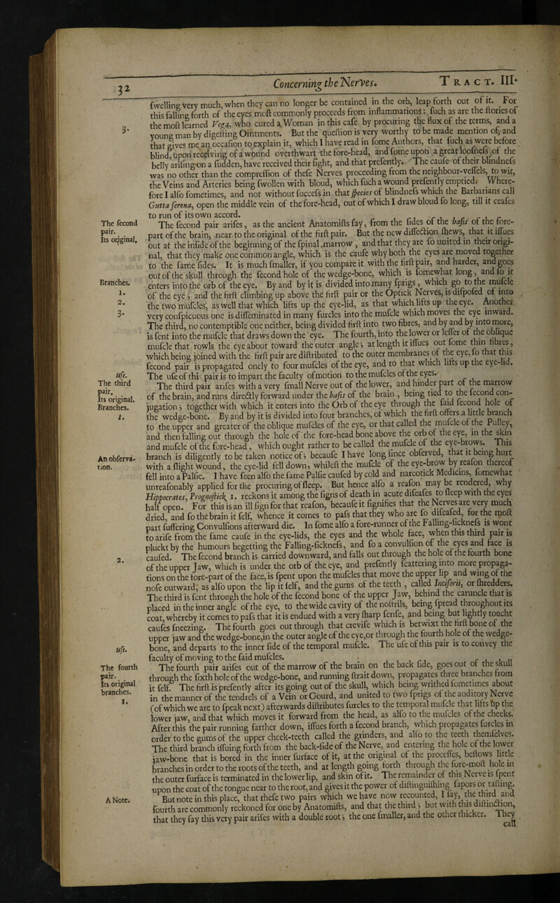 3 The fecond pair. Its original. Branches. 1. 2. ufe. The third pair. Its original. Branches. i. An obferva- tion. 2. uft. The fourth pair. Its original branches. I. A NotCi iwellins; Very rriuch, when they can no longer be contained in the orb, leap forth out of it. For this falling forth of the eyes moft commonly proceeds from inflammations: fuch as are the hones of the moft learned who cured a Woman in this cafe by procuring the flux of the terms, and a young man by digefting Ointments. But the queflion is very worthy to be made mention og-and that gives me an occafion to explain it, which I have read in fome Authors, that fuch as were before, blind Upon receiving of a wound overthwart the fore-head, and fome upon a great loomed, of the belly arifing on a fudden, have received their fight, and that prefently. The caufe of thdr blindnefs was no other than the compreffion of thefe Nerves proceeding from the neighbour-veffels, to wit, the Veins and Arteries being fwollen with bloud, which fuch a wound prefently emptied; Where¬ fore I alfo fome times, and not without fuccefs in that of blindnefs which the Barbarians call GuttafereHa, open the middle vein of the fore-head, out of which I draw bloud fo long, till it ceafes to run of its own accord. 'c^ i r - c The fecond pair arifes, as the ancient Anatomifts fay, from the tides of tM bajis of the part of the brain, near to the original of the firfl: pair. But the new diflection fhews, that it mucs out at the infide of the beginning of the fpinal.marrow , and that they are fo united in their origi¬ nal, that they make one common angle, which is the caufe why both the eyes are moved together to the famefides. It is tnuch fmallcr, if you compare it with the firfl: pair, and harder, and goes out of the skull through the fecond hole of the wedge-bone, which is fomewhat long, and fo it enters into the orb of the eye. By and by it is divided into many fprigs, Which go to the mufcle of the eye v and the firfl climbing up above the firfl pair or the Optick Nerves, is difpofed of into the two mufcles, as well that which lifts up the eye-lid, as that which lifts up the eye. Another very confpicuous one is diffeminated in many furcles into the mufcle which moves the eye inward. The third, no contemptible one neither, being divided firfl into two fibres, and by and by into more, is fent into the mufcle that draws down the eye. The fourth, into the or leffer of the oblique mufcle that rowls the eye about toward' the outer angles at length it iflues emt fome thin fibres, which being joined with the firfl pair are diflributed to the outer membranes of the eye,lo that this fecond pair is propagated onely to four mufcles of the eye, and to that which lifts up the eye-Iid. The ufe of this pair is to impart the faculty of motion to the mufcles of the eyes. The third pair arifes with a very fmall Nerve out of the lower, and hinder part oi me marrow of the brain, and runs diredly forward under the bafis of the brain , being fecond con¬ jugation s together with which it enters into the (3rb of the eye through the lend fecond hole of the wedge-bone. By and by it is divided into four branches, of which the firfl offers ,a little branch to the upper and greater of the oblique mufcles of the eye, or that called the mufcle of the Pul ey, and then falling out through the hole of the fore-head bone above the orb of the eye, inthcskm and mufcle of the fore-head, which ought rather to be called the mufcle of the ey e-brows. This branch is diligently to be taken notice of', becaufe I have long hnee obferved, that it being hurt with a flight wound, the eye-lid fell down, whilefl the mufcle of the eye-brow by reafon thereof fell into a Palfie. I have feen alfo the fame Palfie caufed by cold and narcotick Medicins, fomewhat unreafonably applied for the procuring of fleep. But hence alfo a reafon may be rendered, why Hippocrates^ Prognojiick^ i. reckons it among the figns of death in acute difeafes to fleep with the eyes half open. For thisisan ill fign for that reafon, becaufe it fignifies that the Nerves are very much dried, and fo the brain it felf, whence it comes to pafs that they who are fo difeafed, for the moft part fuffering Convulfions afterward die. In fome alfo a fore-runner of the Falling-fickncfs is wont marife from the fame caufe in the eye-lids, the eyes and the whole face, when this third pair is plucktbythe humours begetting the Falling-ficknefs, and fo a convulfion of the eyes and face is caufed. The fecond branch is carried downward, and falls out through the hole of the fourth bone of the upper Taw, which is under the orb of the eye, and prefently fcattering into more propaga¬ tions on the tore-part of the face, is fpent upon the mufcles that move the upper lip and wing of the nofe outward, as alfo upon the lip it telf, and the gums of the teeth , called Inctfontj or (hredders. The third is fent through the hole of the fecond bone of the upper Jaw, behind the caruncle that is placed in the inner angle of the eye, to the wide cavity of thenoflrils, being fpread throughout its coat, whereby it comes to pafs that it is endued with a very (harp fenfe, and being but “ghtly toucht caufes fneeiing. Th^ fourth goes out through that crevife which is betwixt the firfl bone of the upper jaw and the wedge-bone,in the outer angle of the ey e,or through the fourth hole of the wedge- bone, and departs to the inner fide of the temporal muicle. The ufe of this pair is to convey the faculty of moving to the faid mufcles. . , , , r l ? n The fourth pair arifes out of the marrow of the brain on the back fide, goes out ot the skull through the fixth hole of the wedge-bone, and running flrait down, propagates three branches irom it felf. The firfl is prefently after its going out of the skull, which being writhed fometimes about in the manner of the tendrels of a Vein or Gourd, and united to two fprigs of the auditory Nerve Cof which we are to fpeak next) afterwards diftributes furcles to the temporal mufcle that lifts lip the lower jaw, and that which moves it forward from the head, as alfo to the mufcles of the cheeks. After this the pair running farther down, ifllies forth a fecond branch, vi^hich propagates furcles in order to the gums of the upper cheek-teeth called the grinders, and alfo to the teeth themfelves. The third branch iffuing forth from the back-fide of the Nerve, and entering the hole of the lower jaw-bone that is bored in the inner furface of it, at the origmal of the procefles, beflows little branches in order to the roots of the teeth, and at length going forth through the fbre-moft hole in the outer furface is terminated in the lower lip, and skin of it. The remainder of this Nerve is {pent upon the coat of the tongue near to the root, and gives it the power of diflinguifliing fapors or tafling. ^But note in this place, that thefe two pairs which we have now recounted, I fay, the thiril and fourth are commonly reckoned for one by Anatomifts, and that the third j but wnth this diftindion,