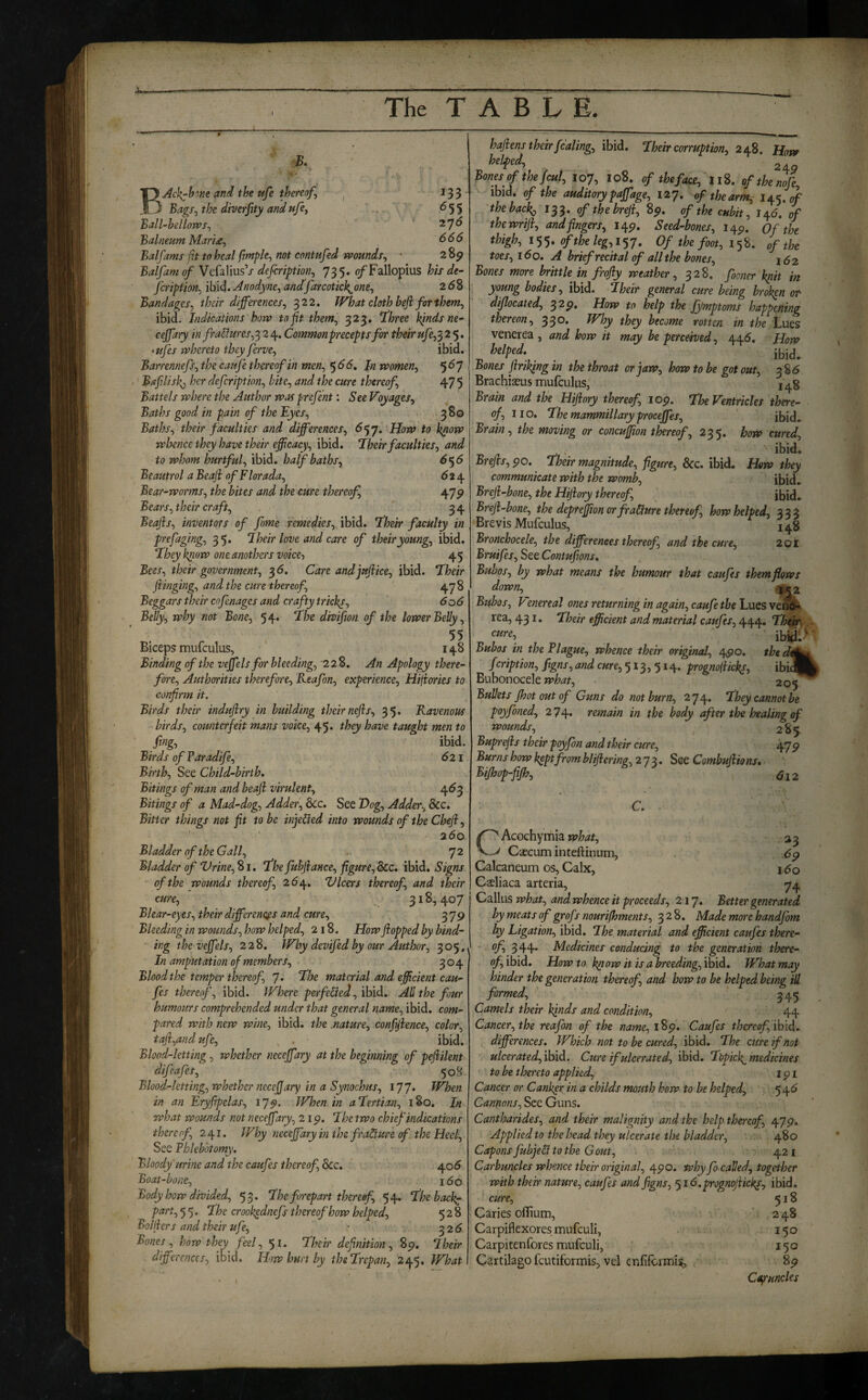 s. Ack^h'int and the ufe thereof^ ^ 133 Bags^the diverfjty andufcy , 655 Ball-bellorvSj 276 Balneum Man£j Balfams fit to heal fmple^ not contufed wounds^ ' 2 8p Balfam of s defiriptioti^ 735. of Fallopius his de- fcripiion^ ibid. Anodyne, andfarcotic}{,one, 26B Bandages, their differences, 322. What cloth left for them, ibid. Indications how to fit them, 323, fhree kjnds ne^ cejfary in fra&ures,^ 2 Common precepts for their ufe,^2 >ufes whereto they ferve, ibid, Barrennefs, the caufe thereof in men, 5 d<5. In women, 5^7 Baftlisk,, her defcription, bite, and the cure thereof, 47 5 Battels where the Author was prefent; See Voyages, Baths good in pain of the Eyes, 380 Baths, their faculties and differences, ^57. How to l^ow whence they have their efficacy, ibid. Their faculties, and to whom hurtful, ibid, half baths, 6^6 Beautrol a Beaji of Florada, 624 Bear-worms, the bites and the cure thereof, 47^ Bears, their craft, 3 4 Beafis, inventors of fame remedies, ibid. Their faculty in prefaging, 35. Their love and care of their young, ibid. They k^ow one anothers voice') 4 5 Bees, their government, 3d. Care andfuf ice, ibid. Their flinging, and the cure thereof, ^78 Beggars their cofenages and crafty tricks, 606 Belly, why not Bone, 54. The divifion of the lower Belly, 55 Biceps mufculus, 148 Binding of the veffels for bleeding, 228, An Apology there¬ fore, Authorities therefore, Keafon, experience, Hijiories to confirm it. Birds their indufiry in building theirnefls, 35. Kavenous birds, counterfeit mans voice, 45. they have taught men to flng, ibid. Birds of Paradife, 621 Birth, See Child-birth. Bitings of man and beafi virulent, 4^3 Bitings of a Mad-dog, Adder, 6cc. See Dog, Adder, See. Bitter things not fit to be inflated into wounds of the Chefl, 260 Bladder of the Gall, . 72 Bladder of Vrine,%i. Thefubflance, figure,Scc. ibid. Signs of the wounds thereof, 264. Vleers thereof, and their cure, 318,407 Blear-eyes, their differences and cure, 3 79 Bleeding in wounds, how helped, 218. How flopped by bind¬ ing the veffels, 228. Why devifed by our Author, 305. In amputation of members, 304 Blood the temper thereof, 7* The material and efficient cau- fes thereof, ibid. Where perfebied, ibid. All the fur humours comprehended under that general name, ibid, com¬ pared with new wine, ibid, the .nature, confflence, color, tafi,andufe, ibid. Blood-letting, whether neceffary at the beginning of peflilent difeafes, 508 Blood-letting, whether neceffary in a Synochus, i'll. When in an Eryflpelas, 175). When in a Tertian, 180. In what wounds not neceffary, 2 ip. The two chief indications thereof, 241. Why neceffary in the fradure of the Heel, See Phlebotomy. Bloody urine and the caufes thereof. See. 406 Boat-bone, 160 Body how divided, 53. The forepart there ff, 54. Theback^ part, 5 5. The crool^dnefs thereof how helped, 528 Bollfers and their ufe, ■ 3 2d Bones, how they feel, 51. Their definition, Bp. Their differences, ibid. How hurt by theTrepan, 245, What hafiens their fcaling, ibid. Their corruption, 248. How helped, ^ Bones of the/cut, 107, 108. of the face, tlB. ofthemfe, ibid, of the auditory paffage, 127. of the arm, 145.0/ thebacko 133. of the brefi, 8p. of the cubit, lr^6, of thewrifi, and fingers, 149. Seed-bones, 149. Of the thigh, 1^^. of the leg,i‘i'j. Of the foot, of the toes, I do. A brief recital of all the bones, 162 Bones more brittle in frofly weather, 328. fooner kpit in young bodies, ibid. Their general cure being broken or dijlocated, ^2p, How to help the Jymptoms happening thereon, 33®* Why they become rotten in the Lues venerea , and how it may be perceived, 44d. How helped. Bones flrikjng in the throat or jaw, how to be got out, Brachiaeus mufculus, Brain and the Hifiory thereof, 109. The Ventricles there¬ of, no. The mammillary proceffes, ibid. Brain, the moving or concuffion thereof, 235. how cured, Brefls, 90. Their magnitude, figure. See. ibid. How they communicate with the womb, ibid. Breft-bone, the Hifiory thereof, ibid. Breft-bone, the depteffton orfraHure thereof, how helped, 333 Brevis Mufculus, Bronchocele, the differences thereof, and the cure, 201 Bruifes, See Coniuflons. Bubos, by what means the humour that caufes them flows down, 1^2 Bubos, Vmereal ones returning in again, caufe the Lues ven®* rea, 431. Their efficient and material caufes, 444. Th^^ cure, Bubos in the Plague, whence their original, 490. the dn^^ feription, figns, and cure, 513,514. prognofiicks, ibiflk Bubonocele 205 Bullets Jhot out of Guns do not burn, 274, They cannot be poyfoned, 274* remain in the body after the healing of wounds, 285 Buprefts their ptyjon and their cure, 479 Bur?is how k^ptfrom bliflering, 273. See Combuflions, Bijhop-fijh, <5j2 C. Acochyrhia what, a 3 Vv Caecum inteftinum, 6p Calcaneum os, Calx, 160 Caeliaca arteria, 74 Callus what, and whence it proceeds, 217. Better generated by meats of grofs nourijhments, 328. Made more handfom by Ligation, ibid. The material and efficient caufes there- ' 344* Medicines conducing to the generation there¬ of, ibid. Howto kiiow it is ahreeding,ihid. What may hinder the generation thereof, and how to be helped being ill formed, 345 Camels their kinds and condition, 44 Cancer, the reafon of the name, 189. Caufes thereff, ibid, differences. Which not to be cured, ibid. The cure if not ulceratedfldyid. Cure if ulcerated, ibid. Tbpick^ medicines to be thereto applied, 191 Cancer or Canker in a childs mouth how to he helped, 545 Cannons, See Guns. Cantharides, and their malignity and the help thereof 479. Applied to the head they ulcerate the bladder, 480 Capons fubjeH to the Gout, 421 Carbuncles whence their original, 490. why fo called, together with their nature, caufes and figns, 516 ,prognofticks, ibid. cure, 518 Caries offium, 248 Carpiflexores mufeuli, >. 150 Carpitenfores mufeuli, 150 Cartilagofcutiformis, vel enfifermis, 89 Cmmcles