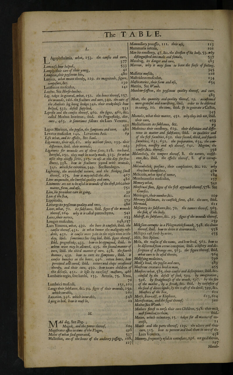 L. 4B2 their 26 p J^Agophthalmia, rphaty 253. the caufes and m, Lamenefs hen? helped, 533 Lawply their care of their youngs \ 4^ Lampron^their poyfonom bite^ 4^0 Larynx, mhat meant thereby^ I2p. its magnitude, figure, compofure, dec. 13® LatilTimus mufculus, 14^ Leeches, See Horfe-leeches. Leg, tak^n in general, what, 152. the bones thereof 157* the wounds, 266, the frablure and ottre, 3 4®* rf the Authors leg being broken 342. their crookpdnefs how helped, 532. defied fupplied, 53^ Leprofte and the caufes thereof, 4^0. the figns, 4^^? called Morbus leoninus, ibid, the Prognojlick^, diet, cure, 4^3, it fometimes follows thelMCS Venerea, 431 Lepus Marinus,'//:>e poyfon, the fymptoms and cure. Levator mufculus 141. Levatores Anb Life what, and its effiedis. See Soul, Ligaments, their ufe, 62. why without fence, 133 difference, ibid, their wounds. Ligatures for wounds are of three forts, 21^, too hard, . hurtful, 250. they muff be neatly made, 323. for what ufes they chiefly ferve, 325. in ufe at this day for fra- £lures, how in fra&ures joyned with wounds 341. which for extention, 3 4p. See Bandages. Lightning, the wonderful nature, and the ffinking fmell thereof, 275. how it may infeH the Air, 4*^7 Lime unquencht, the hurtful quality and cure, 4^ ^ Liniments are not to be ufed in wounds of the chefl,2 6o.their matter, form, and ufe. 75^ Lion, his provident care in going, 3 9 Lion of the Sea, '612 Lippitudo, 379 Litharge itspoyfonom quality and cure, 4^^ Liver, what, 71. its Jubffance, ihid. figns of the wounds thereof, 26^. n>hy it is called parenchyma, 5 4 ^ Loins, their nerves, 15 3 Longus mufculus, 14^715 7 Lues Venerea, what, 430. the hurt it caufeth, ibid, the caufes thereof, 431. in what humor the malignity refi- deth, 432. it caufes more pain in the night then in the day, ibid, fometimes lies long hid, ihiid, figns thereof, ibid, prognofficlq,^'^^. how to be oppugned, ibid, to whom wine may be allowed, 435. the fecond manner of cure, ibid, the third manner of cure, 438. the fourth Manner, 43p. how to cure its jymptoms, ibid, it caufes bunches on the bones, 44^. rotten bones, how perceived and cured, ibid, tetters and chops occafioned thereby, and their cure, 450. howtocure children of this difeafe, 451. it kiUs by excefsof moiffure, 4^^ Lumba^is regio, five lumbi, 153. Arteria, 75. Vena, Lumbrici mufeuli, 151, i <5 2 Lungs their fubffance, 8cc. p4. figns of their wounds, 25^ Mammillary proceffes, in. their ufe, 113 Mammaria arteria, i o i Man his excellency, 47, &c. the divifion of his body, 53. why diffinguijhed into male and female, 537 Mandrag, its danger and cure, 483 Marrow, why it may feem to have the fenfe of feeling, ^ 345 MmetCT mufcle, 126 Maftoideus mufculus, ' 134 Mafficatories, their form and ufe, 654 Matrix, See Womb, Meadow-faffiron, the poyfonous quality thereof, and cure, ■ \ 483 Meat, the quantity and quality thereof, ip, accuffomed more grateful and nourijhing, ihid, order to beobferved in eating, 20. the time, ibid, fit to generate a CdWus, 345 Meazels, what their matter, 452, why they itch not, ibid. their cure, 453 Vlediaftinum its fubffance, &c. pj Medicines their excellency, 62p. their definition and diffe¬ rence in matter and Jubffance, ibid, in qualities and of the firff faculties, 6^0. their fecond, third, ansi fourth faculties, 631, <5^2. the preparation, ^34. thecom- pofition, neeeffity and ufe thereof, 6^1. Megrim, the caufesfficc, thereof, 356 Melancholy, the tempers thereof, 8. the nature, confiff- ence, dec, ibid, the eff'e&s thereof, 8. of it corrup¬ ted. which curable. Luxation,'^‘^6. which incurable. Lying in bed, how it muff be. M. 261 348 22 M Ad dog. See Dog. ^ Magkk^, and the power thereof, ^04 Magiff rates office in time of the Plague, 4-9^ Mdes of what feed generated, 537 Malleolus, one of the bones of the auditory pajfage, io8, 127 9 why 470 184 157 542 Melaneholkk^ perfons, their complexions, &c. 10. they hurt themfelves, Meliceris, kffid of tumor, Membranofus mufculus, Memory what, Menffrual flux, figns of the firff approach thereof, •yj^. See Courfes, Meninges, their number,See, lop Mercury fublimate, its cauffick^force, 48(5. the cure, ibid. Mermaid, 611 Mefentery its fubffance,Scc,'J o. the tumors thereof, 565. the fink^ of the body. ibid. Midriff, its fubffance. Sec. P3. figns of the wounds thereof, 25P Mili^foon corrupts in a Phlegmatic\ffomach^, 548. the choice thereof, ibid, how to drive it downwards, 55^ Millepes caji forth by urine, 455 Milt, See Spleen. Mola, the reafon of the name, and how bred, ^62, howto he difeernedfrom a true conception, ibid, a hiffory and de- feription of affrange one, 5^3. the figure thereof, ibid. what cure to be ufed thereto, 5 ^4 Mollifying medicines, 79^ Monies hood, the poyfon and cure, 4^3 Monfirous creatures bred in man, 455 Monfierswhat, 5^5* ^heir caufes and deferiptions, ibid. &c. caufed by the defeCt of feed, 5P4* h i^'^gMation, 5pd. by firaightnefs of the womb, 55’7* thefite of the mother ^ by a firoak^. See. ibid, by cenfufion of thefeed of divers kinds, by the craft of the devil, 5 pp, Scc. Monjiers of the Sea, • - t-' dn Morfe, Sea-calf, or Elephant, ^ * 3 ’ ^ ^ 4 Mortification, and the figns'thereof, ' ' 3®^ Mother,See Womb. Mothers fittefi to nurfe their own Children, 54^* their milk^ mofffamiliattothem, ibid. Motion, which voluntary, 15. tal^n for all manner of ex- ercife, 2 i Mouth and the parts thereof, I2p. the ulcers and their cure, 315. how to prevent and heal them in cure of the Lues Venerea, 438 Mummy, frequently ufed in contufims, 2p 5. not good therein, 297 Mundi-