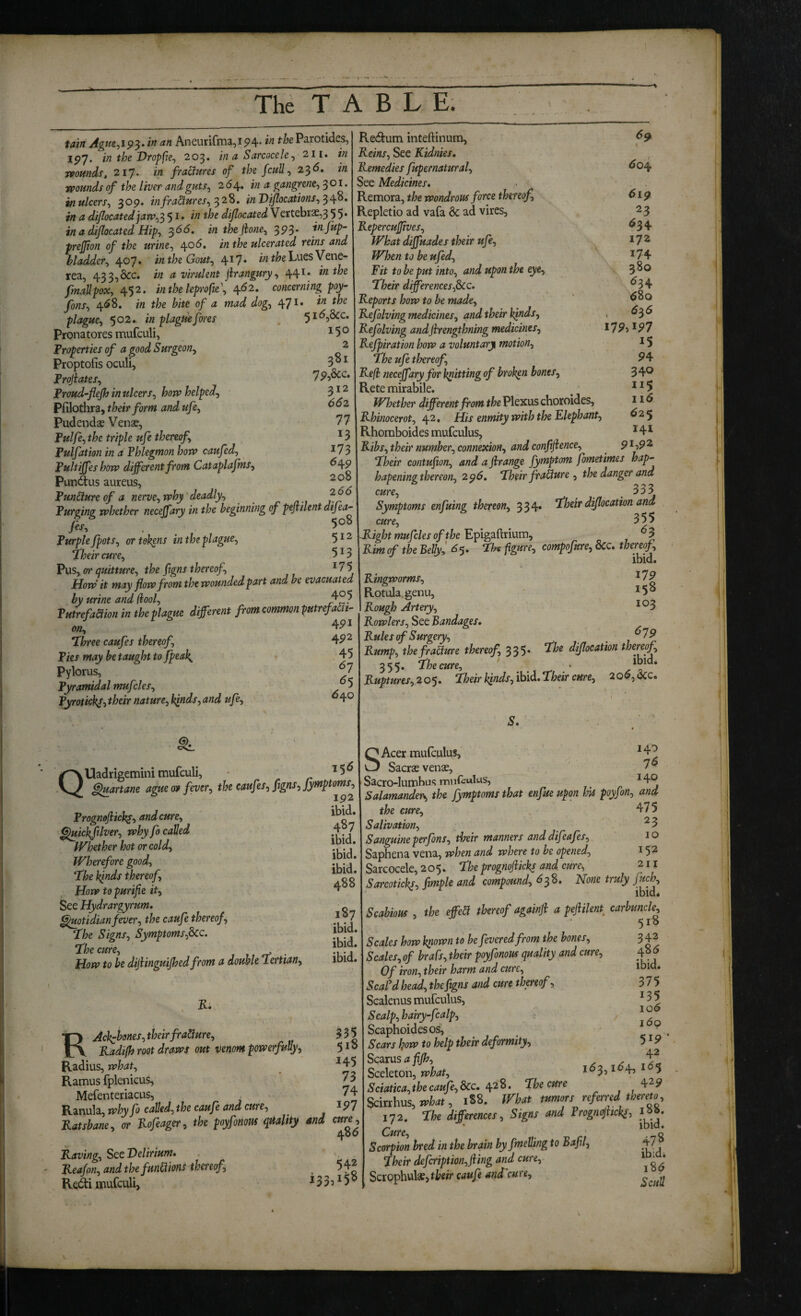 Utn Agtte^ip^* in an Aneurirma,ip4. in the Parotides, ipy. in the Dropfie-, 203* in a Sarcocelein Tvomds, 217. in fradures of thefcuU^ 23 d. in womdsof the liver andguts^ 26^, in a gangrene^ ^01. inulcers^ 309* infra£lHres^^2%, inDiflocations^^^o, in a di/located ]arv^^ 51. in the diflocated Vertebr3e,3 5 5. in a dijlocated Hipj 3d<5. in the fione^ 3^3* infup- prejjion of the urine^ £^06, in the ulcerated reins and bladder^ 4*^7• intheGout^ 4^7* iw Luss Vene- rea, 433,&c. in a virulent ftrangury^ 44^* fmallpox, ^^2. mtheleprofte\ ^62, concerning po;^ fons^ 4d8. in the bite of a mad dog^ 47** plague^ 502.. in plague fores . --^2-- Pronatores mufculi, Properties of a good Surgeon^ ^ Proptofis oculi, Frojiates^ Proud-flejh in ulcers^ hojv helped^ Pfilothra, their form and ufe^ Pudenda Vense, Pulfe^ the triple ufe thereof, Pulfation in a Phlegmon horv caufed, Pultiffes horv different from Cataplafms, Pundtus aureus, Puncture of a nerve, vahy deadly. Purging vphether necejfary in the beginning of peflilent difea^ Purple fpots, ortolans in the plague, 5 *2 P^heir cure, 5*3 Pus, or quitture, the figns thereof, *75 How it may flow from the wounded part and be evacuated by urine and (loot, ^°5 Putrefa&ion in the plague different from common putr^aat- on, ^ Hhree caufes thereof, 49^ Pies may be taught to fpeak^ 4 5 Pylorus, 7 Pyramidal mufcles, 5 Pyrotickj,their nature, kinds,and ufe, °40 5ld,&C. 150 2 381 7S),&c. 312 662 77 *3 173 64P 208 2dd Re(5tum inteftinum, ^9 Reins, See Kidnies, Remedies fupernatural, ^04 See Medicines* Remora, the wondrous force thereof, Repletio ad vafa & ad vires, Repercuffves, What diffuades their ufe. When to be ufed. Fit to he put into, and upon the eye, Tfheir differences,^^* Reports how to be made, Refolving medicines, and their kfnds, Refolving andjirengthning medicines, Refpiration how a voluntary motion. The ufe thereof, Re(i neceffaryfor kpiitting of broken bones, Rete mirabile. Whether different from the Plexus chotoides, Rhinocerot, 42, His enmity with the Fhphant, Rhomboides mufculus, Ribs, their number, connexion, and conftftence, Tfheir contufon, and a flrange fymptom fometimes hap-- hapening thereon, 2^6, Their fra£}ure , the danger and cure, • ^ ^ j Symptoms enfuing thereon, 334* Their diflocation and cure, 355 -Right mufcles of the EfigeiiXnum, Rim of the BeUy^ ^5* Thu fg^re, compofnre, &c. thereof, ibid. Ringworms, *79 Rotulagenu, ‘ *5® Rough Artery, *®3 Rowlers, See Bandages, Rules cf Surgery, ^ Rump, the fracture thereof, 335* The diflocation thereof, 355. 'theme, ' . . ^ Ruptures, 2O'), Their Iqnds, ibid. Their cure, 2od, OCc. 61^ 23 634. 172 *74 380 634 ^80 <535 I79>*97 *5 94 340 1*5 nd <525 *4* 91,92 QUadrigemini mufculi, ’5^ ^uartane ague or fever, the caufes, figns, Jymptoim^ Prognoflick^, and cure, ^tickflver, why fo called Whether hot or cold. Wherefore good. The kinds thereof. How topurifle it. See Hydrargyrum, ^otidianfever, the caufe thereof. The Signs, Symptoms,Bcc. The cure, ^ . How to be diflinguifhed from a double Tertian, ibid. 487 ibid. ibid. ibid. 4^8 187 ibid. ibid. ibid. SAcer muiculus, Sacrae vena?. R, 335 RAckchones,theirfraUure, Radifh root draws out venom powerfully, Radius, what, iamus fplenicus, Mefenteriacus, ^ 3.anula, whyfo called, the caufe and cure, . . Utsham, m Rcfeager, the foyfonm q/uUty ,ni am, laving, SeeDelirium, _ leafon, and thefundions thereof, 5 4? 5*8 *45 73 74 197 S, 140 7^ Sacro-lumbus mnrculus, * 4® Salamanders the fymptoms that enfue upon hU poyfon, and the cure, 475 Salivation, 23 Sanguine perfons, their manners anddifeafes, 10 Saphena vena, when and where to be opened, 152 Sarcocele, 205. The prognoflicks and cure, 211 Sarcoticks, fimple and compound, None truly juch ’ ibid. Scabious , the effe^ thereof againji a peflilent^ carbuncle, 518 Scales how kpown to he fevered from the bones. Scales, of brafs, their poyfonous quality and cure. Of iron, their harm and cure. Scaled bead, theftgns and cure thereof, Scalenus mufculus. Scalp, hairyffcalp, Scaphoidesos, Scars how to help their deformity, Sc2.xusafijh, , . Sceleton, *^3, * 4,* 5 Sciatica,thecaufe,Bcc, ^2%, The cure 4^9 Scirrhus, , 1S8. What tumors referred thereto 172. The differences. Signs and Prognqjhck^s, ibb. J ' ibid. L VVtP. r> Scorpion bred in the brain by fmelling to Bafil, 47 Their defcription,fling and cure, *^ ^ ^ 342 48 d ibid. 375 *35 lod ido 5*9 42 i.e<5:i mufculi, 22,158 Scrophuls, tbeir caufe and cure.
