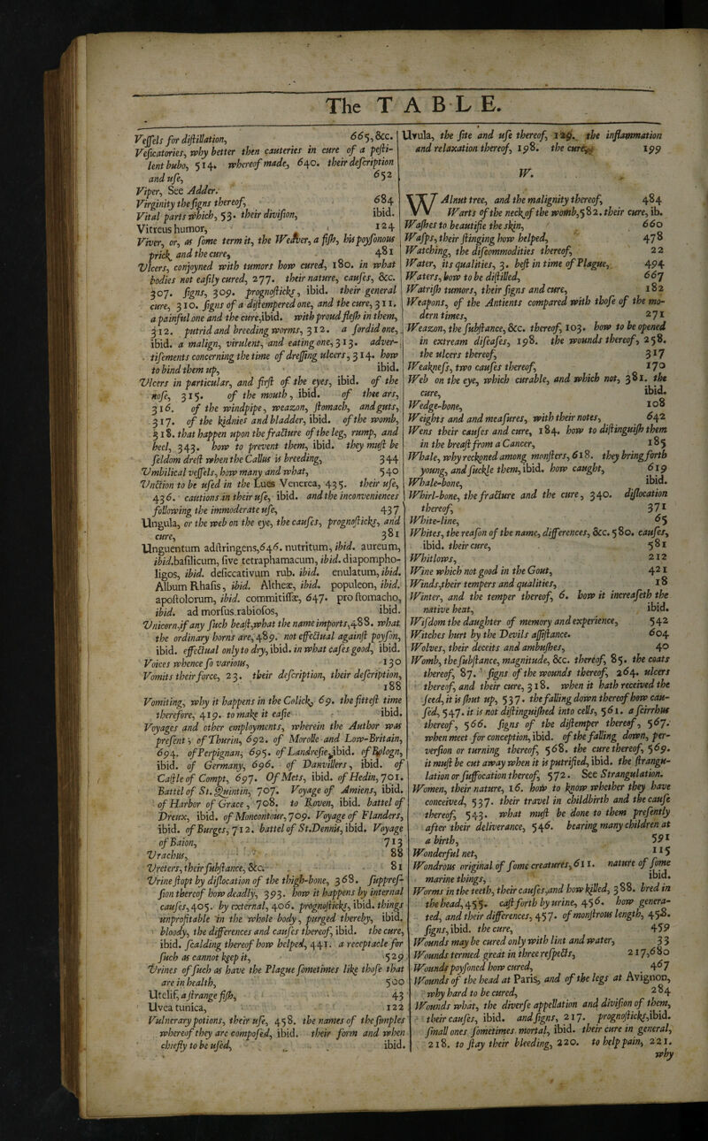 VejJ'els for difiiHatton^ ^ ^ Veficatories, rphy better then cauteries in cure of a pefii- lentbubo^ 'yi^. whereof made^ 6^0, their defcription andufe^ ^5^ Viper^ See Adder. Virginity the ftgns thereof ■ Vital parts r^hich^ 5 3. their divifion^ ibia- Vitreus humor, ■ ■ ^^4 Viver^ or^ as fome termit^ the WeMier^apJh, hUpyfonous pricks and the cun^ 4^ ^ Dicers^ conjoyned with tumors how cured^ i8o. in what bodies not eafily cured^ 277. their nature., caufes, &c. ^07. figns., 305?. prognoficksibid, their general cure, 310. ftgns of a dijiempered one, and the cure, 311, a painful one and the cure,ihid» with proud fiejh in them, 312. putrid and breeding worms, ^12, a fordid one,. ibid, a malign, virulent, and eating one,adver-. . iifements concerning the time of drefing ulcers, 314. how to bind them up, • • ibid. Vlcers in particular, and frfi of the eyes, ibid, of the ■ nofe, 315. of the mouth, ibid. of thee ars, 316. of the windpipe, weazon, ftomach, and guts, 317. of the kjdnies and bladder, ibid, of the womb, '^1%. that happen upon the fra^ure of the leg, rump, and heel, 343. how to prevent them, ibid, theymuftbe feldom dre(i when the Callus is breeding, 344 Umbilical vejfels, how many and what, 5 4® Vnation to be ufed in the Lues Venerea, 435. their ufe, cautions-in their ufe, ibid, and the inconveniences following the immoderate ufe, 43 7 Ungula, or the web on the eye, the caufes, prognofiicks, and cure, 3^^ Unguentum adftringens,^4<^. nutritum, M. aureum, ibid.hzBkum, five tetraphamacum, ibid, diapompho- ligos, ibid, deficcativum rub. ibid, enulatum, iW. Album Rhafis, h\thtx, ibid, ipopuhon, ibid. apoftolorum, ibid, commitiffae, 647. pro ftomacho, ibid, ad morfus^rabiofos, ibid. Vnicern,if any fuch beajl;,what the name imports,what the ordinary horns are,^%9: not efe&ual againji poyfon, ibid, effedual only to dry,ib\d. in what cafes good, ibid. Voices whence fo various, .,^3^ Vomits their force, 23. their defcription, their defcription, 188 Vomiting, why it happens in the Colicky 6p. thefttefi time therefore, tomak^ it eafie * ' ibid. Voyages and other employments, wherein the Author was prefenth ofThurin, 6p2. of Morolie-and Low-Britain, 6p^. of Perpignan, 6p^. of Landrefie ^\b\d. offylogn, ibid, of Germany, 6p6. of Vanvillers, ibid, of Caiile of Compt, dpy. OfMets, ibid, of Hedin,J01. Battel of St.^intin, 707. Voyage of Amiens, ibid. of Harbor of Grace, JO^. to Roven, ibid, battel of Vreux, ibid, of Moncontour,'] op. Voyage of Flanders, ibid, of Burges,] 12. battel of St.Dennis, ibid. Voyage ofBaion, . ’ 7*3 Vrachus, * c ■' 88 Vreters,theirfkhjl:ance,8kci'- ... - 81 Vrine ft opt by diflocation of the thigh-bone, 3 • f^PP^^f fion thereof how deadly, 3P3‘ happens by internal caufes,by external, ^06. prOgnojiicks, ibid, things unprofitable 'in the whole body, purged thereby, ibid. bloody, the differences and caufes tjoereof, ibid, the cure, ibid, fcalding thereof how helped, 44?* receptacle for fuch as cannot kgep it, $^9 Urines of fuch as have the Plague fometimes like thofe that are in health, 5'^^ \Xt.e\k,aftrangeftjh, , . 43 Uvea tunica, * 122 Vulnerary potions, their ufe, 458. the names of the fimples whereof they are compofed, ibid, their form and when chiefly to be ufed, . ibid. Uvula, the fite and ufe thereof, i the inflammation and relaxation thereof, ipS. the cur&^4 ipp tv. WAlnuttree, and the malignity thereof, 484 Warts of the neckjofthe womb,‘y^2.their cure, ib. 660 478 22 4P4 66'j 182 Wafhes to beautifie the skfli, Wafps, their flinging how helped, Watching.^ the difeommodities thereof. Water, fts qualities, 3. heft in time of Plague, Waters, bow to be diftiUed, Watrijh tumors, their ftgns and cure. Weapons, of the Antients compared with thofe of the mo¬ dern times, 27* Weazon, the fubftance, 8cc. thereof, 103. how to be opened in extream difeafes, ipS. the wounds thereof, 258. the ulcers thereof, 3*7 Weak]iefs, two caufes thereof, 17® Web on the eye, which curable, and which not, 381. the cure, ibid. Wedge-bone, * Weights and and meafures, with their notes, ^4^ Wens their caufes and cure, 184. how to diftinguijh them in the breaftfrom a Cancer, 185 Whale, why reckoned among monfters, 61S. th^ bring forth young, andfuckle themfibid. how caught, 6ip Whale-bone, ibid. Whirl-bone, thefraPiure and the cure, 340. diflocation thereof, 37^ White-line, <^5 Whites, the reafon of the name, differences, &c. 5 80. caufes, ibid, their cure, 5^* Whitlows, 212 Wine which not good in the Gout, 4^ ^ Winds,their tempers and qualities, 18 Winter, and the temper thereof, 6, how it increafeth the native heat, ibid. Wifdom the daughter of memory and experience, 5 42 Witches hurt by the Devils aftiftance. ^04 Wolves, their deceits and ambujhes, 4® Womb, the fubftance, magnitude. See. thereof, 85. the coats thereof, By. ^ ftgns ff the wounds thereof, 2^4* tdeers ' thereof, and their cure, 318. when it hath received the feed,itu fhut up, 537. the failing down thereof how cau- fed, •y^y.itis not diftinguifhed into cells, ^61. a feirrhus thereof, $66. ftgns of the diftemper thereof, $6y: when meet for conception,’ibid. of the falling down, per- verfton or turning thereof, 568. the cure thereof, $6p. it muft be cut away when it isputrified, ibid, the firangu¬ lation or fuffocation thereof, $y2. See Strangulation. Women, their nature, 16. hoi^ to know whether they have conceived, 537. their travel in childbirth and thecaufe thereof, 543. what muft be done to them prefently after their deliverance, $\6. bearing many children at a birth, Wonderful net, * * 5 Wondrous original of fame creatures,611. nature of f^e ■ marine things,. » j • Worms in the teeth, their caufes,and bow killed, 388. bred in thehead,o^$$. caftforth by urine, ^$6. how genera¬ ted, and their differences, 457* 9f monftrous length, 45'^* jig«x,ibid. the cure, 45P Wounds may be cured only with lint and water, 3 3 Wounds termed great in threerejpe&s, 2 iy,6Bo Woundspoyfoned how cured, _ 4^7 Wounds of the head at Paris, and of the legs at Avignon, why hard to be cured, ^ ^84 Wounds what, the diverfe appellation an4 divifion of them, - their caufes, ibid, andJigns, 2 ly. prognofticks,ihid. f nail ones fometimes mortal, ibid, their cure in general, 218. to ft ay their bleeding, 220. tohelppain^ 221. why