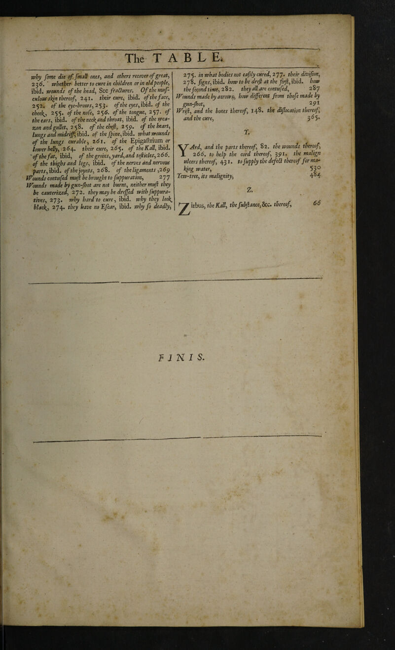 ■I The TABLE; n>hy form die (ffmaU oner, and others recover of greats 23^. * xvhether better to cure in children orinoldpeople^ ibid, rvounds ofthehead^ fra&ures. Ofthemuf- chIous shin thereof 241. their cure^ ibid, of the face^ 252, of the eye~brorvSj2^^. oftheeyes^ ihid. of the cheek^^ 255. of the no Ce^ 255. of the tongue^ 257. of the earsfibid, of the neckand throat ^ibiid. of thetpea- zon and gullet^ 258. of the chefi^ 2^^, of the hearty lungs and midriff Md. of the fpinefblid. whatrvounds of the lungs curable ,261. of the Epigaftrium or lower heVy^; 2 64. their cure^ 255. of the Ka% ibid, ' of the f at^ ibid, of the groins^ yard^ and tefiicles,265. of the thighs and legs^ ibid, of the nerves and nervous parts fdiid. ofthejoynts^ 268. of the ligaments ^26p ■ ffounds contufed muji be brought to fuppuration^ 277 Wounds made by gun-Jhot are not burnt^ neither mufi they be cauterized) 272. they may be dre^ed withfuppura- tives<) 273. why hard to cure^ ibid, why they loo}^ hlac\^ 274. they have noEfcar^ ibid, why fo deadly. 275. in what bodies not eafily cured, 277. thehr divifion, 278. figns, ibid, how to be dref at the firfi, ibid, how the fecond time, 2%2. they all are contufed, 287 Wounds made by anrowsf, how different from thofe made by gun-Jhot, Wrifi, arid the bones thereof 14^* diflocation thereof and the cure, 3‘^5» r. YArd, and the parts thereof, 82. the wounds thereof 266, to help the cord thereof, the malign ulcers thereof 431. to fupply the defed thereof for ma* king water, 53® Tew-tree, its malignity, 2. * ■«' 2^irbus, the KaV, the fubfiance, 8cc. thereof, 66