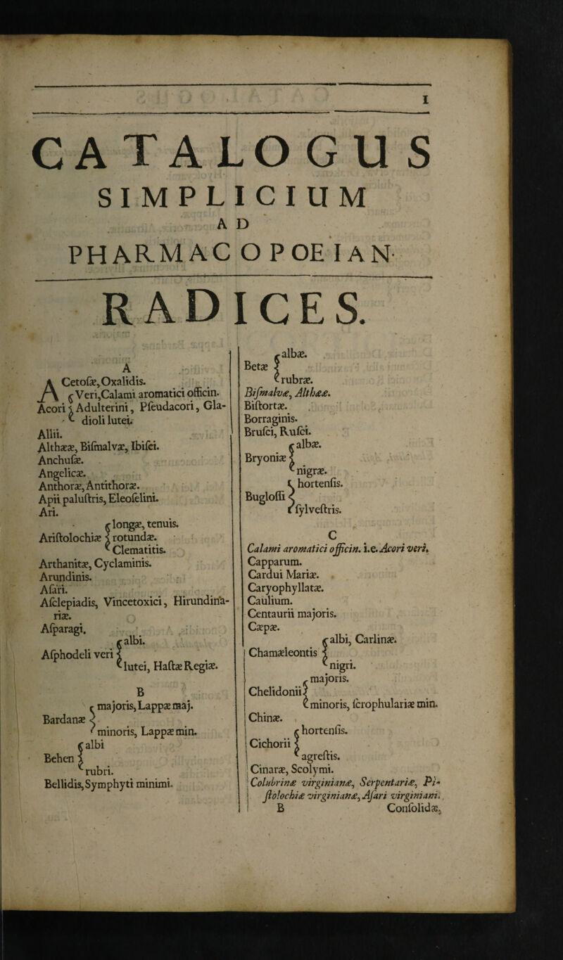 CATALOGU SIMPLICIUM AD • - * * ’ ~ ‘ PHAR-MAC OPOEIAN ICES ACetofa?,Oxalidis. ^ Veri,Calami aromatici officin. Acori \ Adulterini, Pfeudacori, Gla- ' ^ dioli lutei. Allii. -vc, Althaeae, Bilmalvae, Ibifci. Anchula?. Angelicae. Anthora?, Antithorse. Apii paluftris, Eleofelini. Ari. r longae, tenuis. Ariftolochia? ? rotunda?. ^ Clematitis. Arthanita?, Cyclaminis. Arundinis. Afari. Afclepiadis, Vincetoxici, Hirundina- rise. .a % / Afparagi. / * r albi. Afphodeli veri ? ^ lutei, Hafta? Regia?. B r majoris, Lappae maj. Bardanae < * minoris, Lappa? min. ^ albi Behen { * rubri. Bellidis, Symphyti minimi. c £ albae. Betae ? <■ rubrae. Bifmalv<e, Altbaa, Biftorta?. Borraginis. Brufci, Rufci. ralbae. Bryoniae £ ^ nigra?. ^ hortenfis. Bugloffi t fylveftris. Calami aromatici officin, i. e. Acori veri» Capparum. Cardui Maria?. Caryophyllatae. Caulium. Centaurii majoris. Caepa?. <ralbi, Carlinae. Chamaeleontis ? ^ nigri. K majoris. Chelidonii} C minoris, fcrophulariae min. Chinae. r hortenfis. Cichorii i ° agreftis. Cinarae, Scolymi. Colubrina virginiana, Serpent ari a, Pi• Jlolocbia virgini an a, Afari virgini ani, B ConfolidaCj