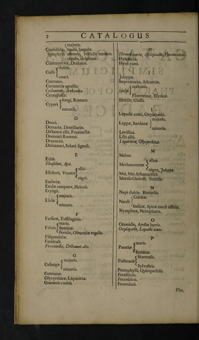/ I CATALOGUS V . / f majoris. Confolida?, medii, bugula?. SymphytO minoris, bellidis minoris. {regalis, delphinii. Contrayervae, Drakenae. g dulcis. Cofti ? amari. Curcuma. Cucumeris agreftis. Cyclaminis, Arthanitfi. Cynoglofla?. *■ £ longi, Romani. Cyperi ? ^ rotundi. D Dauci. Dentaria?, Dentillariae. Di&amni albi, Fraxinella?. Doronici Romani. Dracontii. Dulcamari, Solani lignofi. E Echii. Eleofelini, Apii. ralbi. Ellebori, Veratri? nigri. Endivia?. Enula? campana?, Helenii. Eryngii. C majoris. Efulae a 'minoris. k * ' • \ Farfare, Tuflilaginis. <■ maris. Filicis ?foeminae. ^ florida, Ofmjunda? regalis. Filipendula?. Foeniculi. Fraxinell<e, Di & amni albi. C r majoris. Galanga? ? ^ minoris. Gentiana. Glycyrrhiza?, Liquiritise. .Graminis canini ili. ,, ' H f'‘ % Llirundwaritf, Afclepiadis, Vincetoxici. Hyacinthi. Hyofcyami. I <7 1 T r Jalappa?. Imperatoria, Aftrantis. <cnoft tatis. Iridis \ * Florentina?, Illyricae. Ilatidis, Glafti. Lapathi acuti, Oxylapathi. (majoris. Lappse, Bardanse s ^ minoris. Leviftici. Lilii albi. Liquiritia, Glycyrrhiza. Malva?. ■ • albae. Mechoacannse nigra?, Jalappa. Mei, Mei Athamantici. Morsus Diaboli, Succila?. N Napi dulcis, Buniadis. <Celtica. Nardi ^ v Indica, Spicae nardi officin. Nymphaea?, Nenupharis. O Ononidis, Arefta? bovis. Oxylapathi, Lapathi acuti. ^ maris. Paeoniae ? ^fceminae. £ Hortenfis. Paftinaca?! ^Sylveftris. Pentaphylli, Quinquefolii. Petafitidis. Petrofelini. Peucedani. Phu,