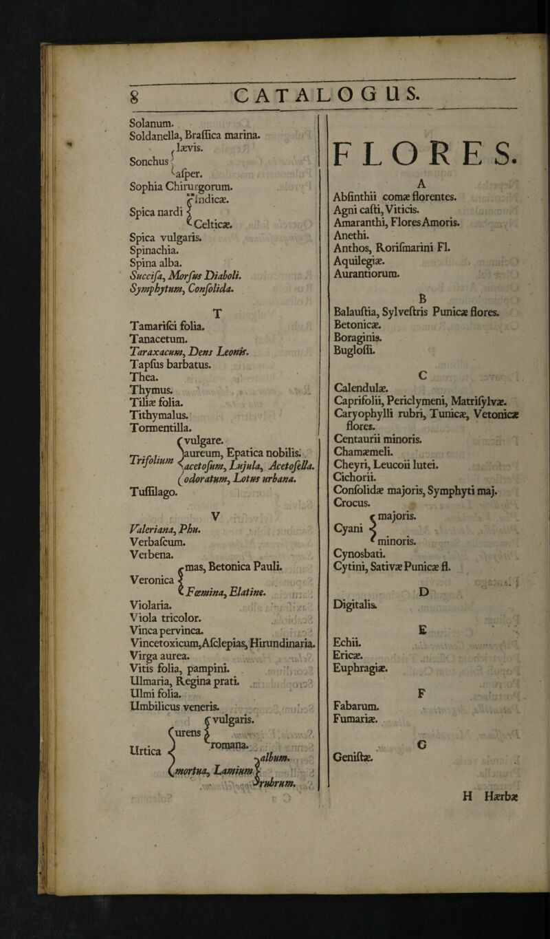 Solanum. Soldanella, Braffica marina. . lxvis. Sonchus ^alper. Sophia Chirurgorum. vindicas. Spica nardi < ^ Celticae. Spica vulgaris. Spinachia. Spina alba. Succifa, Morfus Diaboli, Sj/mphjtum, Confolida. Tamarifci folia. Tanacetum. Taraxacnm, Dens Leonis. Tapfiis barbatus. Thea. Thymus. Tilia? folia. Tithymalus. Tormentilla. (vulgare. i- jaureum, Epatica nobilis. rijo sum saCetofum, Lujula, Acetofella. ( odoratum, Lotus urbana. Tuflilago. Valeriana, Phu. Verbafcum. Vcibena. ^mas, Betonica Pauli. Veronica \ v Fcerni na j Elatine. Violaria. Viola tricolor. Vincapervinca. Vincetoxicum,Afclepias,Hirundinaria. Virga aurea. Vitis folia, pampini. Ulmaria, Regina prati. Ulmi folia. Umbilicus veneris. £ vulgaris, urens l Urtica J roraana' fii.. * I 'f * . i « i . * f 'IO ■C\ :oi: irrfii mortua. Lamium} - album. ’f\ V)o r • ... .» 'rubrum, FLORES. Abfinthii comae florentes. Agni cafti, Viticis. Amaranthi, Flores Amoris. Anethi. Anthos, Rorifmarini FI. Aquilegi a?. Aurantiorura. B Balauftia, Sylveftris Punicae flores. Betonicas. Boraginis. Buglofli. Calendulae. Caprifolii, Periclymeni, Matrifylva?. Caryophylli rubri, Tunicae, Vetonicae flores. Centaurii minoris. Chamaemeli. Cheyri, Leucoii lutei. Cichorii. Confolida? majoris, Symphyti maj. Crocus. r majoris. Cyani < * minoris. Cynosbati. Cy tini, Sativae Punicae fl. Digitalis. Echii. Ericae. Euphragiae. Fabarum. Furnariae. Geniftae. D H Haerbae