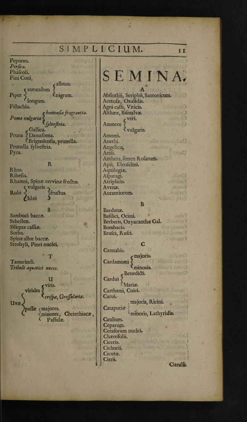 Pepones. Perfica. Phafeoli. Pini Coni, ^ <r album, c rotundum ? Piper < £ nigrum. Mongum. Piftachia. r hortenfta fragrantia. Poma vulgaria s ^■Jj/lveJlria. K Gallica. _ t 6 Pruna ? Damalcena. t Brignolenlia, prunella., Prunella (ylveftria. Pyra. ■ R Rhus. . v Ribelia. Rhamni, Spinae cervinae fru&us. vulgaris ^ Rubi ffru&us. Idaei j ' J ' Sambuci baccae. Sebeften. Siliqua caffiae. Sorba. Spinae alb« bacae. Strobyli, Pinei nuclei. Tamarindi. Tribuli aquatici nuces, virides Uvae, ■crijp^ QroJfulari<e. )pafiae r majores < minores, Corinthiae# , ^ Pallulae. 7 dt semina: Abfinthii, Seriphii, Santonicum, Acetolae, Oxalidis. Agni cafti, Viticis. Althaea?, Bilmalvae. rveri. Ammeos < £ vulgaris. Amomi. Anethi. Angelicse, Anili. Anthera, femen Rolaruflk Apii, Eleofelini. Aquilegiae. Alparagi. Atriplicis. Avenae. Aurantiorum. :;.XJ tJIIv.*. B Bardanae. Balilici, Ocimi. Berberis, Oxyacanthae GaL Bombacis. Brufei, Rufci. Cannabis. Cardamomi minoris. ^Benedi&i. Cardui ^ t Marise. Carthami, Cnici. Carui.- majoris, Ricini. Cataputiae 3 ^ minoris. Lathyridis* Caulium. Ceparum. Ceralbrum nuclei. Chaerefolii. Ciceris. Cichorii. Cicutae. CitriL Citrulti.