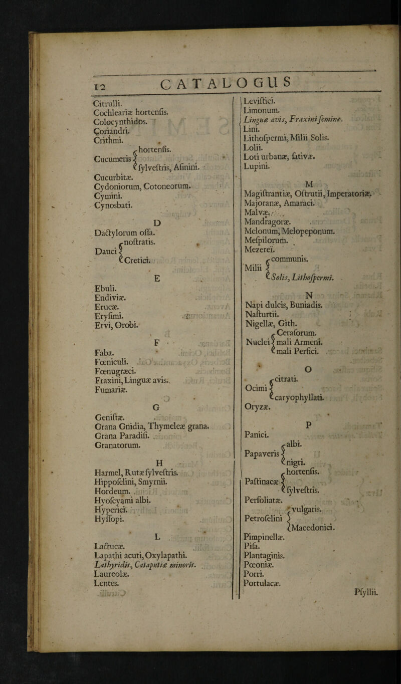 Citrulli. Cochleariae hortenfis. Colocynthides. Coriandri. Crithmi. C hortenfis. Cucumeris J t fylveftris, Afinini. Cucurbita. Cydoniorum, Cotoneorum. Cymini. Cynosbati. D Dafty lorum offa. ^noftratis. Dauci \ £ Cretici. E •■rr . j ; i i Ebuli. Endiviae. Erucae. Eryfimi. Ervi, Orobi. Faba. Foeniculi. Foenugraeci. Fraxini, Linguae avis.. Furnariae. Genilte. ... . Grana Gnidia, Thymeleae grana. Grana Paradifi. Granatorum. H Harmel, Rutae fylveftris. Hippofelini, Smyrnii. Hordeum. , Hyolcy^mi albi. Hyperici. Hyffopi. Ladtucae. Lapathi acuti, Oxylapathi. Lathyridis, Cataputia minoris. Laureols. Lentes. I L V . Leviftici. Limonum. Lingua avisy Fraxini femine. Lini. Lithofpermi, Milii Solis. Lolii. Loti urbanae, lativae. Lupini. M Magiftranti#, Oftrutii, Imperatoria. Majoranae, Amaraci. Malvae*'., Mandragora. . Melonum, Melopeponum. Mefpilorum. Mezerei. jr- communis. Milii ] . £ Solis, Lithofpermi. . N o Napi dulcis, Buniadis. Nafturtii. ] Nigella, Gith. Ceraforum. Nuclei Urnali Armeni. mali Perfici. O citrati. Ocimi Oryzse. Panici. ^caryophyllati. ■albi. Papaveris Paftinacae Perfoliatae. Petrofelini Pimpinellae. Pila. Plantaginis. Poeoniae. Porri. Portulacae. nigri. hortenfis. fylveftris. vulgaris. 'Macedonici. Pfyllii.