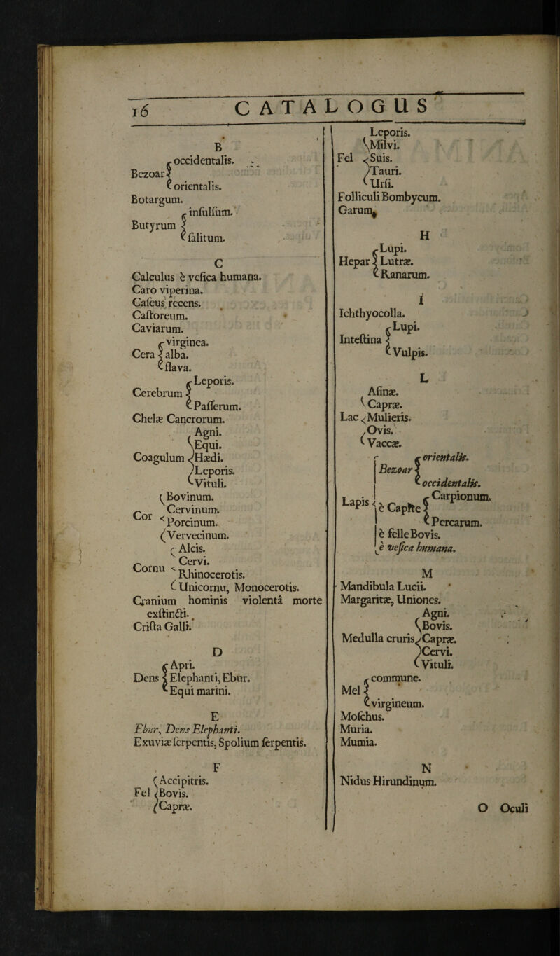 B jr occidentalis. Bezoar? t orientalis. Botargum. £ infulfum. Butyrum | < falitum. Calculus e veflca humana. Caro viperina. Cafeus recens. Caftoreum. Caviarum. £ virginea. Cera / alba. £ flava. £ Leporis. Cerebrum «* ^Paflerum. Chelse Cancrorum. Agni. \Equi. Coagulum <^Hsedi. / Leporis. Vituli. ^Bovinum. r , Cervinum. 01 < Porcinum. {Vervecinum. C Alcis. ^ ^ Cervi. ° nu Rhinocerotis. C Unicornu, Monocerotis. Cranium hominis violenta morte exftin&i. Crifta Galli.' D s Apri. Dens ? Elephanti, Ebur. ^ Equi marini. E Fbm\ Dens Elephanti. Exuvia; ferpentis, Spolium ferpentis. (Accipitris. Fel /Bovis. (Capra?. Leporis. \Milvi. Fel ^Suis. yTauri. ( Urfi. F olliculi Bombycum. Garurn^ H ' ,Lupi. Hepar S Lutra?, v Ranarum. Ichthyocolla. Lupi. Inteftina  ' Vulpis. Afinse. V Capra?. Lac < Mulieris. .Ovis.: ( Vaccse. ^ orientalis. Bezoar ? * occidentalis. K Carpionum. e Capfte 5 v Percarum, e felle Bovis. e vejica humana. Lapis < M Mandibula Lucii. Margarita?, Uniones. Agni. Bovis. Medulla cruris JCapne. ) Cervi. (Vituli. K commune. MeU £ virgineum. Mofchus. Muria. Mumia. N Nidus Hirundipum. O Oculi