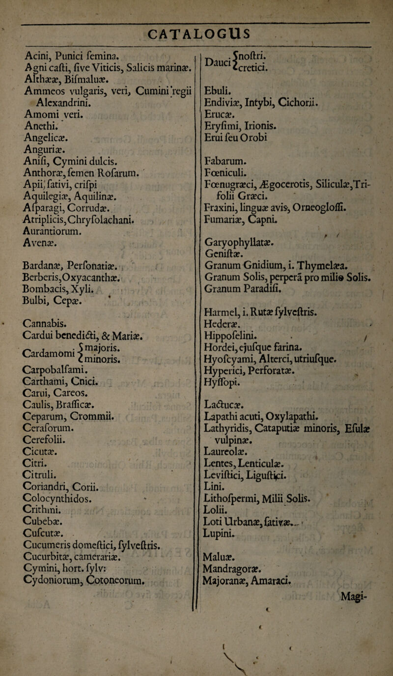 i Acini, Punici femina. Agni cafti, five Viticis, Salicis marinae. Althaeae, Bifmaluae. Ammeos vulgaris, veri. Cumini regii Alexandrini. Amomi veri. Anethi. Angelicae. Anguriae. Anifi, Cymini dulcis. Anthorae, femen Rofarum. Apii; fativi, crifpi Aquilegiae, Aquilina?. Afparagi, Corruda. Atriplicis, Chryfoiachani. Aurantiorum. Avenae. Bardanae, Perfonatiae. Berberis,Oxyacanthae. Bombacis, Xyli. Bulbi, Cepae. Cannabis. Cardui bcnedi&i, & Mariae. Cardamomi majoris. minoris. Carpobalfami. Carthami, Cnici. Cartii, Careos. Caulis, Brafficae. Ceparum, Crommii. Ceraforum. Cerefolii. Cicutae. Citri. Citruli. Coriandri, Corii. Colocynthidos. Crithmi. Cubebae. Cufcutae. . Cucumeris domeftici, fylveftris. Cucurbita, cameraria. Cymini, hort. fylv: Cydoniorum, Cotoneorum. Dauci ^ noftri. cretici. Ebuli. Endiviae, Intybi, Cichorii. Erucae. Eryfimi, Irionis. Erui feuO robi Fabarum. Foeniculi. Foenugraeci, Algocerotis, Siliculae,Tri¬ folii Graeci. Fraxini, linguae avis*, Orneoglofli. Furnariae, CapnL . 1 . fj ’■ * Garyophyllat*. Gcnifta?. Granum Gnidium, i. Thymelaea. Granum Solis, perpera pro mili® Solis. Granum Paradifi. Harmel, i. Ruta; fylveftris. Hedera’. Hippofelini. . / Hordei, e jufque farina. Hyofcyami, Alterci, utriufque. Hyperici, Perforat*. Hyffopi. 1 Laduc*. Lapathi acuti, Oxylapathi. Lathyridis, Cataputi* minoris, Efufce vulpina;. Laureola;. Lentes, Lenticula’. Leviftici, Ligufti)ci. Lini. Lithofpermi, Milii Solis. Lolii. Loti Urbanae, fetiva;.- ' Lupini. Malua;. Mandragora;. Majorana;, Amaraci. Magi-