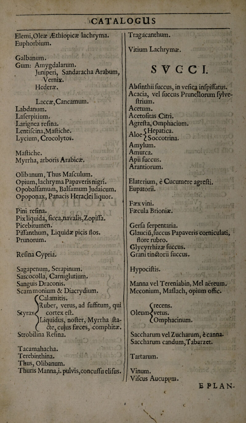 Elemi,Ok$ vEthiopicae lacbryma. Euphorbium. Galbanum. Gum: Amygdalarum. Juniperi, Sandaracha Arabum, ^Vernix. Hedera:. ... r 7 f • v . Lacca:,Cancamum. * Labdanum. Laferpitium. Larignea refina. Lentifcina,Maftiche. Lycium, Crocolytos. \ *■■' \ ^ * > . . .. Maftiche. Myrrha, arboris Arabici. Olibanum, Thus Mafculum. Opium, lachryma Papaveris nigri. Opobalfamum, Balfamum Judaicum. Opoponax, Panacis Heraclei liquor. ' .v• f rf > £ S v *'* -• — ** t -s * . Jl Pini refina. Pix liquida, ficca,navalis,Zopiffa. Picebitumen. Piflanthum, Liquidae picis flos. Prunorum. Refina Cypria. Tragacanthum. Vitium Lachryma. l . } f *{ , \ SY G C Ii $ ' { ' Abfinthii fuccus, in vefica infpiflatus. Acacia, vel fuccus Prunellorum fylve- ftrium. 1 Acetum. Acetofitas Citri. Agrefta, Omphacium. A, S Hepatica. oe cSoccotrina. Amylum. Amurca. Apii fuccus. Arantiorum. i r Elaterium, e Cucumere agrefti. Eupatorii. Fa;x vini. Fcecula Brionise. Gerfa ferpentaria. Glauciu,fuccus Papaveris corniculati, flore rubro. Glycyrrhiza? fuccus. Grani tin&orii fuccus. Sagapenum, Serapinum. Sarcocolla, Carniglutium. Sanguis Draconis. Scammonium & Diacrydium. Cal amitis. jttuber, verus, ad fuffitum, qui Styrax^ cortex eft. I Liquidus, nofter, Myrrha fta- <5te, cujus fseces, comphitse. Strobilina Refina. •* r Tacamahacha. Terebinthina. Thus, Olibanum. Thuris Manna,i. pulvis,conculfu elifus. Hypociftis. - ( * • w V Manna vel Tcreniabin, Mei aereum. Meconium, Maflach, opium offic. \ frccens. Oleum< vetus. cOmphacinum. 1 1 r Saccharum vel Zucharum, e canna. Saccharum candum,Tabarzet. Tartarum. Vinum. Vifcus Aucupem. EPLAN-