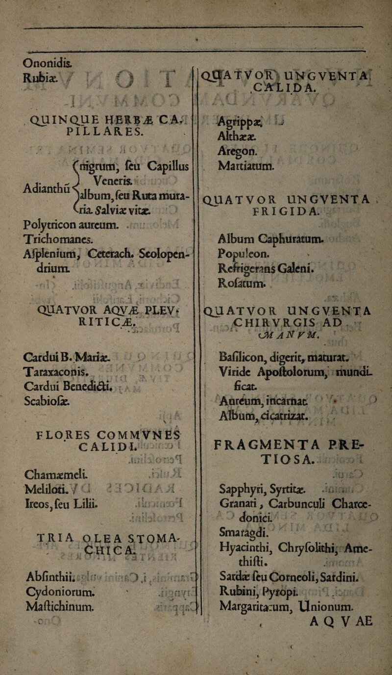 - - / Ononidis. Rubiae. ! * V -• U i '• - i . • i <■ . I ' -I . QUIN au E HERBAE CA/I PILLAR.ES. , i Adianthu nigrum, feu Capillus Veneris. |afbum,feu Ruta mura¬ lia. Salvia: vitz. Polytricon aureum. Trichomanes. Ajpienium, Cetetach. Scolopen- drium. QUATVOR UNGVENTA CALIDA. *. , r» i ' , ' , * 7 < A TT f ' yX\ t \ -j 1 • ’ _.f ; QUATVOR AQVjE PLEV- RITICJE.  • • rr ^ * I * Cf »(. y i i * f* A •7 ‘ Cardui B.Mariae- Taraxaconis. Cardui Beaedi&i. Scabiolae. FLORES COMMVNES CALIDI. '.iul!i!or 0*1 Chamaemeli .; ' i Meliloti. / i Ireos,feu Lilii. - :i * J 7 \ * «s ir. O ■ -'. ’ 'i *• * ». *- v • * ' » ' •*» TRIA OLEA STOMA¬ CHICA. v ■** ‘ •' 1 < j i. 3 i .# i ..; i Abfinthii. ‘ • ) i Cydoniorum. ' Maftichinum. Agrippae. Althaeae. Aregon. Mattiacum. QUATVOR UNGVENTA, FRIGIDA. Album Caphuratum. Populeon. ■ > . Refrigerans Galeni. , ^ Rofatum.. QUATVOR UNGVENTA CHIRVRGIS AD U}£ AN VM. ) i ” t • - * ■ V 4 . •• - ' V- ■ 1 Balilicon, digerit, maturat. Viride Apoftolorum, niundL ficat. Aureum, incarnat • ■> <* Album, cicattizat. T ! - I I t FRAGMENTA PRE¬ TIOSA. , , * r -i \ J Sapphyri, Syrticae- .7. Granati, Carbunculi Charce- ’ donici. Smaragdi. Hyacinthi, Chrylolithi, Amc- . thifli. Sardae feu Corneoli, Sardini. Rubini, Pyropi. Margaritarum, Unionum. ; , A Q V AE «