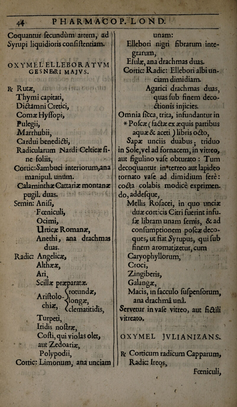 \ P HARMAtO P. L O N D. Coquantur fecundum artem, ad 6'yrupi liquidioris confiftentiam. i..M ^ i>* , i* * ‘I*  ■ - OXYMEL ELLEBORATVM GESNEiRl MAJVS. ! J It R Rutas, Thymi capitati. Didam ni Cretici, Comas Hy (Topi, Pulegii, Marrhubii, Cardui benedidi. Radicularum Nardi Celticas fi¬ ne foliis, * Cortic.Sambuci interiorum,ana manipul. unUm. i Calaminthae Cattarias montanae pugil, duas. Semin: Anifi, Fceniculi, Ocimi, Urticas Romanas, Anethi, ana drachmas duas. Radie: Angelicas, Althasae, Ari, Scillas praeparatae. '» n i (rotundae, Anftolo-)i „„„ rKia* ’ (clematitidis, , Turpeti, Iridis nofirae, Cofti, qui violas olet, “ “ aut Zedoarias, Poly podii, Cortic: Limonum, ana unciam unam: Ellebori nigri fibrarum inte¬ grarum, Elulas, ana drachmas duas. Cortic: Radie: Ellebori albi un- ■ 1 ciam dimidiam. , . Agarici drachmas duas, quas fub finem deco- dionis injicies. Omnia fifcca, trita, infundantur in * Pofcae (fadae ex asquis partibus aquae & aceti) libris odo, Sapae unciis duabus, triduo in Sole,vel ad fornacem, in vitreo, aut figulino vafe obturato : Tum decoquantur in*terreo aut lapideo tornato vale ad dimidium fere: coda colabis modice exprimen¬ do, addelque, / Mellis Rofacei, in quo unciae duas corticis Citri fuerint infu¬ lae libram unam femis, & ad conlumptionem poleas deco¬ ques, ut fiat Syrupus, qui fub finem aromatizetur, cum Caryophyllorum, - Croci, Zingiberis, Galangae, Macis, in facculo lufpenlbrum, ana drachma unA. Servetur in vafe vitreo, aut fidili vitreato. ...... : ... r. N OXYMEL JVLIANIZANS. R Corticum radicum Capparum, Radie: Ireos, C J Foeniculi, (