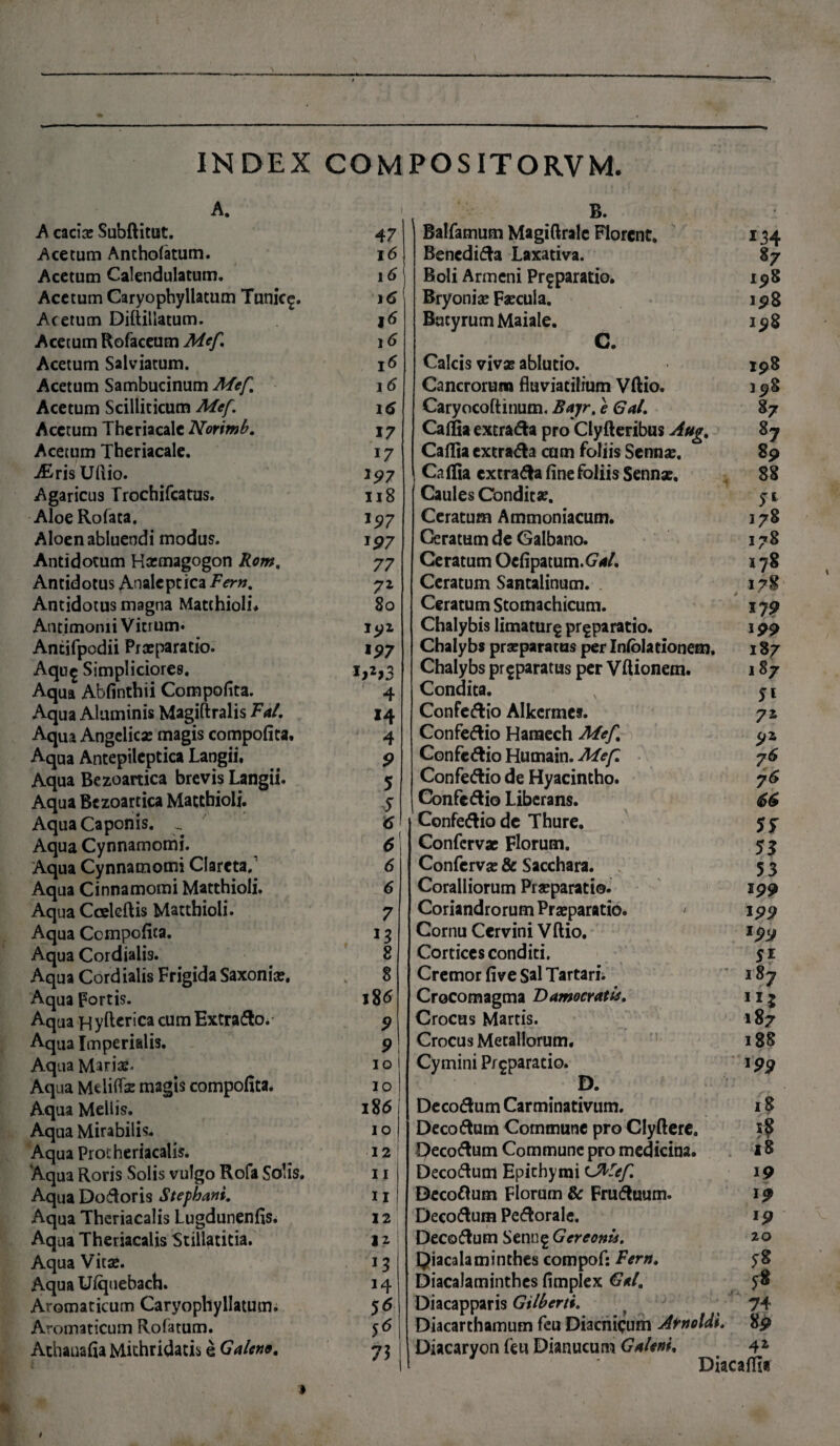 INDEX COMPOSITORVM. A. A cadas Subftitut. Acetum Antholatum. Acetum Calendulatum. Acetum Caryophyllatum Tunic^. Acetum Diftiilatum. Acetum Rofaceum Mef Acetum Salviatum. Acetum Sambucinum Mef,\ Acetum Scilliticum Mef. Acetum Theriacale Norimb. Acetum Theriacale. iEris Uftio. Agaricus Trochifcatus. Aloe Rofata. Aloen abluendi modus. Antidotum Hasmagogon Rom. Antidotus Analeptica Fern. Antidotus magna Matthioli* Antimonii Vitrum* Ancifpodii Prasparatio. Aqu^ Simpliciores. Aqua Abfinthii Compofita. Aqua Aluminis Magiftralis Fal. Aqua Angelica: magis compofita. Aqua Antepileptica Langii, Aqua Bezoartica brevis Langii. Aqua Bezoartica Mactbiolj. Aqua Caponis. Aqua Cynnamomi. Aqua Cynnamomi Clarcta/ Aqua Cinnamomi Matthioli. Aqua Ceeleftis Matthioli. Aqua Compofita. Aqua Cordialis. Aqua Cordialis Frigida Saxonias. Aqua Fortis. Aqua H yftcrica cum Extrado. Aqua Imperialis. Aqua Marias* Aqua Mdifise magis compofita. Aqua Mellis. Aqua Mirabilis. Aqua Protheriacalis. Aqua Roris Solis vulgo Rofa Solis. Aqua Dodoris Stephani. Aqua Theriacalis Lugdunenfis. Aqua Theriacalis Stillatitia. Aqua Vita?. Aqua Ulquebach. Aromaticum Caryophyllatum. Aromaticum Rolatum. Athanafia Mithridatis e Galene. 47 16 16 16 16 16 i* \6 16 17 17 Ii8 197 i97 77 71 8o 192 *97 bb3 4 14 4 9 5 5 6 6[ 6 6 7 9 9 io IO 186 10 12! 11 11 12 12 i 13 14 56 S6 73 B. Balfamum Magiftralc Florent. 134 Benedida Laxativa. 87 Boli Armeni Pr§ paratio. 198 Bryonia* Faecula. 1 9 8 Butyrum Maiale. 198 C. Calcis vivas ablutio. 198 Cancrorum fluviatilium Vftio. 198 Caryocoftinum, Bajr, e Gal. §7 Callia extrada pro Clyfteribus Aug. 87 Caflia extrada cum foliis Sennse. 89 Callia extrada fine foliis Sennae. 88 Caules Condit*. y 1 Ceratum Ammoniacum. 178 Ceratum de Galbano. 178 Ceratum Ocfipatum.GW. 178 Ceratum Santalinum. . 178 Ceratum Stomachicum. x 79 Chalybis limatur § pr^paratio. 199 Chalybs praeparatus per Inlblationem. 187 Chalybs pr^paratus per Vftionem. 187 Condita. , y \ ConFedio Alkcrmes. 72 Confedio Haraech Mef. 92 Confedio Humain. Mef. 76 Confedio de Hyacintho. 76 Confedio Liberans. 66 Confedio de Thure. 5 y Confervae Florum. 55 Confervas & Sacchara. 5 3 Coralliorum Prasparatio. 199 Coriandrorum Praeparatio. ' 199 Cornu Cervini Vftio. 199 Cortices conditi. 51 Cremor live Sal Tartari. 187 Crocomagma Damocratii. 11 j Crocus Martis. 187 Crocus Metallorum. 188 Cymini Prgparatio. 199 D. Decodum Carminativum. 18 Decodum Commune pro Clyftere. 1? Decodum Commune pro medicina. 18 Decodum Epichymi U^^ef 19 Decodum Florum 8c Fruduum. 19 Decodum Pedorale. 19 Decodum Senng Gcreonis. 20 piacalaminthcs compof: Fern. y8 Diacalaminthes fimplex Gei. 58 Diacapparis Gilberti. # 74 Diacarthamum feu Diacnicum Arnoldi. 89 Diacaryon feu Dianucum Galeni. 4* Ducam*