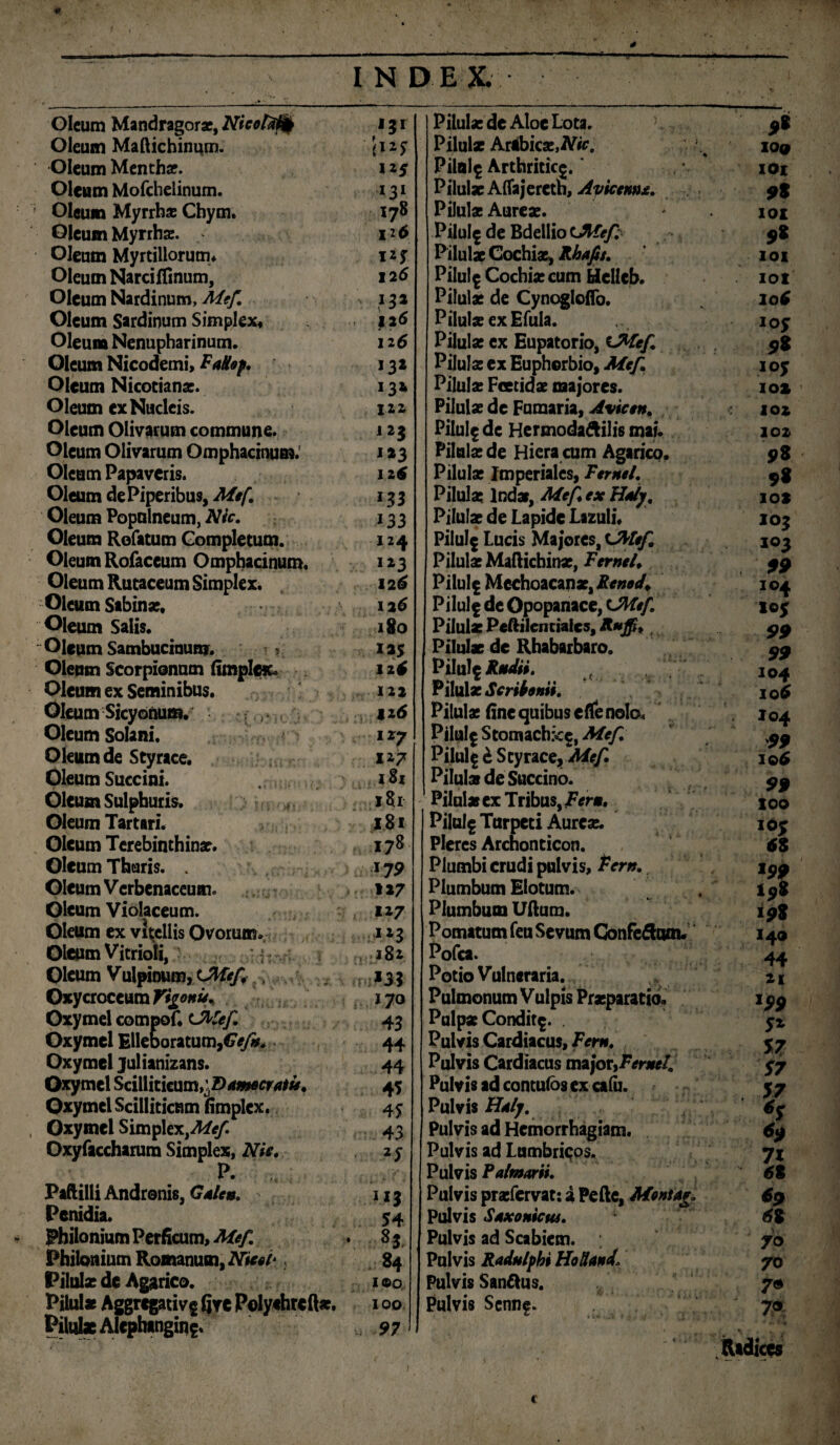 * * \ ‘*y<* „ . . . INDEX. . .. V Oleum Mandragorae, Nieet^p l3l Pilulae de Aloe Lota. 9* Oleum Maftichinum. l'*S Pilulae Arabicae,flfo. lOQ Oleum Mentha?. 1*5 Pilalg Arthriticg. I ot Oleum Mofchelinum. 131 Pilulae Alfajeretn, Avicemt. 98 Oleum Myrrha? Chym. 178 Pilulae Aureae. 101 Oleum Myrrha:. 116 Pilulg de Bdellio (Jlfefi ** Oleum Myrtillorutm 1*5 Pilulae Cochiae, Rhafis. IOX Oleum Narciflinum, 126 Pilulg Cochiae cum Hellcb. iot Oleum Nardinum, Mef. Pilulae de Cynogloflb. 206 Oleum Sardioum Simplex» li6 Pilulae ex Efula. 10? Oleum Nenupharinum. 116 Pilulae ex Eupatorio, LMef 9« Oleum Nicodemi, Fatlop. 132 Pilulse ex Euphorbio, Mef 105 Oleum Nicotianae. *3* Pilulae Foetidae majores. 102 Oleum ex Nucleis. 122 Pilulae de Fumaria, Avie en, 102 Oleum Olivarum commune. I23 Pilulg de Hermoda&ilis mai. 102 Oleum Olivarum Omphacinum. I23 Pilulae de Hiera cum Agarico. 9* Oleum Papaveris. 126 Pilulae Imperiales, Fenei. 9* Oleum de Piperibus, Mef. l33 Pilulae Indar, Mef ex HA}, 102 Oleum Populneum, Hic. i 33 Pilulae de Lapide Lazuli» IO3 Oleum Rofatum Completum. 124 Pilulg Lucis Majores, cMef 105 Oleum Rofaceum Omphacinum. lz3 Pilulae Mafticbinae, Fernei. 99 Oleum Rutaceum Simplex. 126 Pilulg Mcchoacanae, RenoJ. 104 Oleum Sabinae» ia 6 Pilulg de Opopanace, CMef. IO* Oleum Salis. 180 Pilulae Peftilcntialcs, R*ffi>, 99 Oleum Sambucinum. 125 Pilulae de Rhabarbaro. 99 Oleum Scorpionum (impleta 126 Pilulg Rudii. ? ^ 104 Oleum ex Seminibus. 122 Pilulae Scribenti. 106 Oleum Sicyonum. *: l»<S Pilulae fine quibus efie nolo. \ I04 Oleum Solani. lt7 r Pilalg Stomachkg, Mef 99 Oleum de Styrace. 1*7 Pilulg b Styrace, Mef 1Q>6 Oleum Succini. 181 Pilulas de Succino. 99 Oleum Sulphuris. 181 Pilulas ex Tribus, Ferrn, 100 Oleum Tartari. 181 Pilulg Turpeti Aureae. loy Oleum Terebinthinae. I78 Pleres Archonticon. 6$ Oleum Thuris. . 17 9 Plumbi crudi pulvis, Pern., * 99 Oleum Verbenaceum. 1*7 Plumbum Elotum. Oleum Violaceum. 127 Plumbum Uftum. 198 Oleum ex vitellis Ovorum. i*l Pomatum feu Sevum Gbnfeftoau 140 Oleum Vitrioli, ' ,182 Pofca. 44 Oleum Vulpinum, tMef . *3* Potio Vulneraria. z 1 Oxycroccum Yigonu% 170 Pulmonum Vulpis Praeparatio, y99 Oxymel compof. C^Cef 43 Pulpae Conditg. . 5* Oxymel Elleboratum,G>/tf, 44 Pulvis Cardiacus, Fern. 57 Oxymel julianizans. 44 Pulvis Cardiacus major,Fernei. 57 Oxymel SciWitkum^Damecratu, 45 Pulvis ad contufos ex calii. 5 7 Oxymel Scilliticum fimplex. 45 Pulvis Hdlj. *5 Oxymel Simplex,^/^ 43 Pulvis ad Hemorrhagiam. 69 Oxyfaccharum Simplex, Nic. *5 Pulvis ad Lumbricos. 71 p- Pulvis Palmarii. 6% Paftilli Andronis, Galen. Pulvis praefervat: i Pefte, Menitg. *9 Pcnidia. 54 Pulvis SaxonicuA. 61 Philonium Perficum, Mef. • H Pulvis ad Scabiem. 70 Philonium Romanum, Nieei* 84 Pulvis Radulphi Holi and1 70 Pilulae de Aprico. IOO Pulvis Sanftus. 7* Pilulae Aggrcgativf fiye Poly«hrcft*. Pilulae Alephangin?. 100 97 Pulvis Senng. .. \ •. -■» 7* Radices
