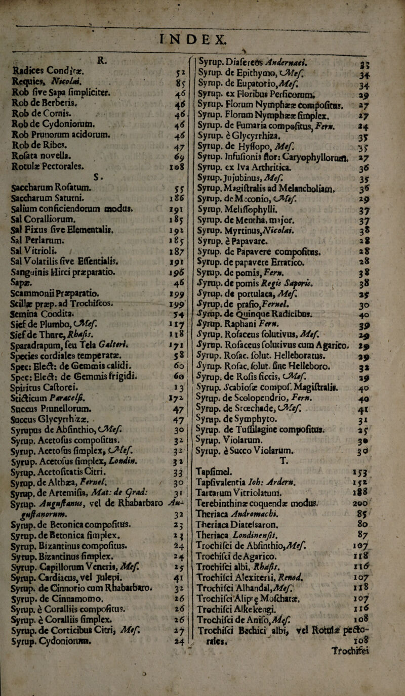 (• INDEX. R. Radices Condit*. Requies» Nicolai. Rob (ive Sapa (impliciter. Rob dc Bcrberis. Rob de Cornis. Rob de Cydoniorum. Rob Prunorum acidorum. Rob de Ribes. Rofata novella. Rotulae Pectorales. S. Saccharum Rofatum. Saccharum Saturni. Salium conficiendorum modus* Sal Coralliorum. Sa! Fixus (ive Elementalis. Sal Feriarum. SalVitrioli. / Sal Volatilis (ive Eflcntialis. Sanguinis Hirci praeparatio. Sapa?. Scammonii Praeparatio. Scillae praep. ad Trochifcos, Semina Condita. Sief de Plumbo, <JMef Sief de Thure, kbafef. Sparadrapum, feu Tela G alteri. Species cordiales temperatae. Spcc: Ele&: de Gemmis calidi. Spec:Elcdh de Gemmis frigidi* Spiritus Caftorei. Sci&icum Paracelf. Succus Prunellorum. Succus Glycyrrhizx. Syrupus de Abfinthio, LMef Syrup. Acetofus compofitus. Syrup. Acetofus (implex, cMef Syrup. Acetofus (implex, Londin. Syrup. Acetoficatis Citri. Syrup. de Althaea, Aw/. / Syrup. de Af temifia, Mat: de Cjrad: Syrup. Auguftanus9 vel dc Rhabarbaro gHflanornm. Syrup. de Betonica compofitus. Syrup. dc Betonica (implex. Syrup. Bizantinus compofitus. Syrup. Bizantinus (implex. Syrup. Capillorum Veneris, Mef Syrup. Cardiacus, vel julepi. Syrup. de Cinnorio cum Rhabarbaro* Syrup* de Cinnamomo. Syrup. e Coralliis compofitus. Syrup. e Coralliis (implex. Syrup. de Corticibus Citri, Mtf. Syrup. Cydoniorum. 52 85 46 46 4 6 46 46 4 7 6(j I08 SS 186 i9i i8j I9I i8y 187 19! 196 46 199 199 54 119 118 l7l 58 60 60 *3 *7Z 47 47 30 3Z 31 32 33 3° 31 Ah- 32 23 24 24 25 41 32 26 16 16 z7 24 Syrup. DiaferCbs Andernaei. Syrup. de Epithymo, cMef. Syrup. de Eupatorio,^/>/; Syrup. ex Floribus Perficorum# Syrup. Florum Nymphae* compofitus. Syrup. Florum Nymphae* (implex. Syrup. de Fumaria compofitus, Fern. Syrup. £ Glycyrrhiza. Syrup. dc Hyfiopo, Mef Syrup. Infufionis flor: Caryophylloruen. Syrup. ex Iva Arthritica. Syrup. Ju jubinus, Mef Syrup. Magiftralis ad Melancholiam. Syrup. de Meconio, C&lef Syrup. Meliflbphylli. Syrup. de Mentha, mijor. Syrup. Myrtinus,2\fcV0/*f. Syrup. e Papavare. Syrup. de Papavere compofitus. Syrup. de papavere Erratico. Syrup. de pomis, Fern. Syrup. dc pomis Regis Saporis. *5yrup. dc portulaca, Mef ^yrup.de prafioJPernei. Sy rup* de Quinque Radicibus. «Syrup. Raphani Ferti. Symp. Rofaceus folutivus, Mef. «fyrup. Rofaceus folutivus cum Agarico, Syrup. Rofac. folut. Hellcboratqs. Syrup. Rofac. folut. fine Helleboro. Syrup* de Rofis ficcis, cMef. Syrup. Scabiof* compof. Magiftralit. Syrup. de Scoiopcndrio, Ftrn. Syrup. de Srcechade, ^ef Syrup. de Symphyto. Syrup. de Tuffilagine compofitus. Syrup. Violarum. Syrup. i Succo Violarum. T. Tapfimel. Tapfivalentia loh: Ardertt. Tartarum Vitriolatum. Terebinchinxcoquend* modus. Theriaca Andromache. Theriaca Diatdsaron. Theriaca Londinenfii. Trochifci de Abfinthio ^Mef Trochifei de Agar ico. Trochifci albi, Rhafts. Trochifci Alexiteni, Renod. Trochifci Alhandal yMefi Trochifd'Alipr$ Mofchat*. Trochifci Alkekengi. T rochifei de hxixto^Aief Trochifci Bechici albi, vel Rotate pero¬ rales, xo8 Trochitfei U 34 34 27 if «4 35 35 3^ 3 5 3* 29 37 37 3* 28 28 28 38 3« 2S 30 40 39 29 *9 3* 29 40 40 4« 3* 3® 3<* >53 1 S2 188 200 85 80 87 107 118 116 10 7 11S 107 ii* 108 o