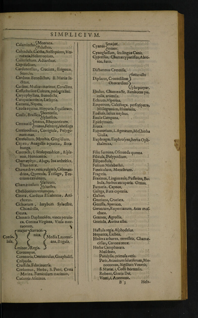 Calam<mha>M?n'ana- ^Paluitns. CaIenduIa,CaIrha,Solfequium,Vcr- rucaria,Hdiorropium. Callirrichum, Adiarthon. ■Caprifolium. Carduncellus, Cruciata, Erigercn, Senecio. Carduus Benedicius, B. Mariae la- dleus. Carlina, Mufcus marinus, Corallina. CalTutha (iueCulcura, podagra lini, Caryophyllara, Benedicla. Catuputia minur, Lathyris. Cattaria, Nepeta. Cauda equina, Hippuris,Equifetum. Caulis, BrafficaS{’°rte”r,s- ^fylueltris. $maius, Rhaponticum. ^minus,Fel terre,tebriruga Centinodium, Corrigiola, Polygo¬ num mas. Cerefolium, Myrrhis; Gingidium. Cepata, Anagallis aquatica, Beca- bunga, Ceterach, i. Scolopendrion , Afple- non, Hemionitis. Chamatpitys, Ajuga, lua arthritica, Thus terra:. Chamsedrys.vera.vuIgarisjCalaman- drina, Quercula, Triilago, Teu¬ crium cxrulcum. i Siatiuum. Chamsmduni ^fylueftre. Chelidonium vtrumque, Cinara, Carduus Efculentus, Arti- chocus. Cichorium , Intybum Sylueflre, Chcndrilla. Cicuta. Clematis Daphnoides, vinea pemin- ca, Corona Virginea, Viola mor¬ tuorum. »1 r major^Sarrace--^ Confo-^ t nica* ^MediaLaurenti- lida. j ? C ana,Bugula. L minor jRegia. J Coronopus. Cotonaria,Centunculus,Gnaphaliu. Crifpuda. Cradula,Fabainuerfa. / Crithamus,, Herba, S.Petri, Creta Marina, Foeniculum marinum. Cucumis A lininus. Cyanus<ma^or' J ^rninor. Cynoglolliim, feu lingua Canis. Cyprefius, Cham aecy parilius, A bro- ton. foem. Diftamnus Cretenfis. ffatiusalb: Dipfacus, Crocodilion^ OnocardionT Cfyluipurpur. Ebulus, Chamxafle, Sambucus pu¬ mila, aruenfis. Echium,Viperina. Empetron, Calcifraga, perfofipetra, Millegranum, Herniaria. Endiuia,latiua intybus. Enula Campana. Epitbymiim. Eruca. Eupatorium, i. Ageratum,Mef herba Giulia. Euphragia, Euphrofyne,herba Oph¬ thalmica. Filix foemina, Ofmunda queraa. Filicula, Polypodium. Filipendula. Folium Malabathri. Foeniculum, Marathrum. Fragiria. Fraxinus, Lingua auis, Pallentia, Bu¬ bula, Sorbus aucuparia. Ornus. Fumaria, Capnos. Galega, Ruta capraria. Galion. Gentiana, Cruciata. Genifta, Spartion. Geranium,Ropertianum, Acus mof- chata. Gramen, Agroftis. Gratiola, Aurina alba. # si , . t • • ( fc * . ■ i . - Haflula regia, Afphodelus. Hepatica, Lichen. Hedera arborea, terreftris, Chamat- cilfus, Corona terra:. Herba Camphorata. Mofchata. Paraly fis, primula veris. Paris, Aconitumfalutiferum,Mo- nococcos, Sigillum Veneris. S.Marise,i.Cofti hortenlis. Roberti, Gratia Dei. Venti, i. Anemone. Helx-