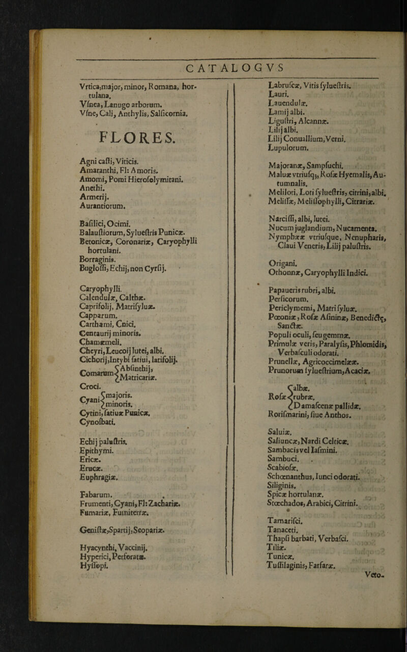 Vrtica,major,minor, Romana, hor- tu lana. Vfnca, Lanugo arborum. Vfae, Cali, Anthylis, Salficorma. FLORES. Agni cafli, Viticis. Amaranthi, FI: Amoris. Amomi, Pomi Hierofolymitani, Anethi. Armerij. Aurantiorum. Bafilici, Ocimi. Balauftiorum, Sylueflris Punicae. Betonica:, Coronari*, Caryophylli hortulani. Borraginis. Buglofli, Echij, non Cyrfi j. Labrufcx, Vitis fylueftris. Lauri. Lauendulx. Lamij albi. Ligulhi, Alcann*. Lili j albi. Lilij ConualIium3Verni. Lupulorum. Majoran*, Sanipfuchi. Malu* vtriufq;, Rof* Hyemalis, Au¬ tumnalis. Meliloti, Lori fylueflfris, cirrini, albi. Melifl*, MelilLophylli, Citrari*. Narcifli, albi, lutei. N ucum juglandium, N ucamenta. Nympb** vtriufque, Ncnupharis, Claui Veneris, Lilij palufhis. Origani. Othonnx, Caryophylli Indici. Caryophylli. CalenduI*, Calth*. Caprifolij, Matrifylux. Capparum. Carthami, Cnici. Gentaurij minoris. Chamxmeli. Chcyri,Leucoij lutei, albi. Cichorij,Intybi fatiui, iacifolij. Croci. cwm?J°n.s- 7 ^minoris. Cytini, fatiux Punic*. Cynofbati. Echij paluflris. Epithymi. Ericx. Erue*. Euphragi*. Fabarum. . Frumenti, Cyani, FI: Zachari*. Fumari*, Fumitcrr*. Genift*,Spartijj Scopari*. Hyacy nthi, V accinij. Hyperici, Perforata. HylFopi. Papaueris rubri, albi. Perficorum. Periclymemi, Matri fylu*. Paeoni*,Rof* Afinin*, Beneditf$, Santf*. Populi oculi, feugcmm*. Primul* veris, Paralyfis, Phlomidis, Verbafculi odorati. Prunell*, Agricoccimel**. Prunorum lylueftrium,Acaci*. , rl r ' Calb*. Rof*<rubr*. cDamafcen* pallid*. Rorifmarini, fiue Anthos. Salui*. Saiiunc*,NardiCeltic*. Sambacis vel Iafmini. Sambuci. Scabiof*. Schocnanthus, Iunci odorati. Siliginis. Spic* hortulan*. Staechados, Arabici, Cirrini. Tamarifci. Tanaceti. Thapfi barbati, Verbafci. Tili*. Tunic*. Tuffilaginis, Farfar*. Veto.