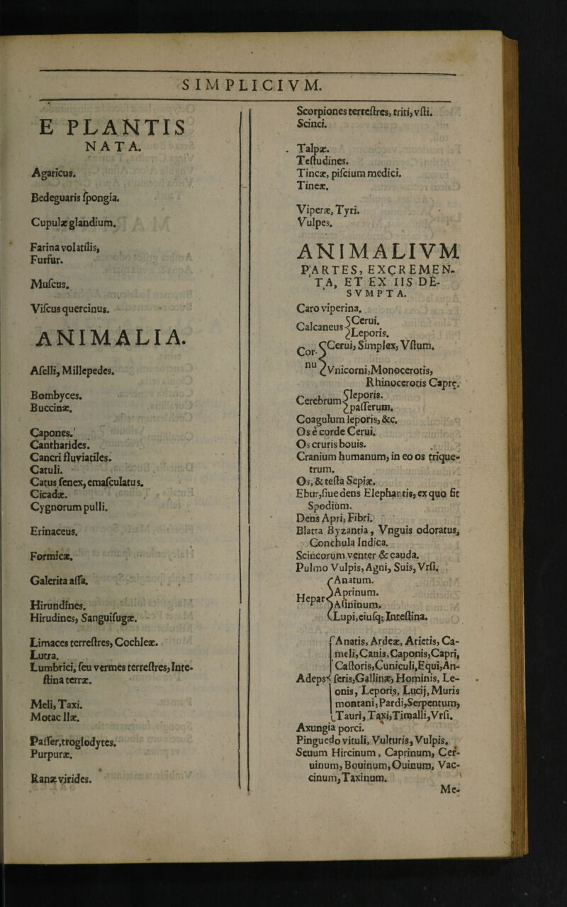 E PLANTIS NATA. Agaricus. Bedeguaris fpongia. ; / Cupulx glandium. Farina volatilis, Furfur. Mufcus. Vilcus quercinus. animalia. Afelli, Millepedes, Bombyces. Buccinx. Capones.' Cantharides. Cancri fluviatiles. Catuli. Catus fenex, emafculatus. Cicadx. Cygnorum pulli. Erinaceus. Formicx. Galerita afla. Hirundines. Hirudines, Sanguifugx. Scorpiones terrcftres, triti, vili. Scinci. Talpx. Tciludines. Tincx, pifcium medici. Tinex. Viperx, Tyri. Vulpes. \ ANIMALIVM p;artes, excremen¬ ta, ET EX IIS DE- S v M p T A. Caro viperina. Calcaneus ^?cru,\ ^Leporis. CCerui, Simplex, Vdum. nu (VnicornijMonocerotis, Rhinocerotis Capr$. r* , ^leporis. Cerebrum^pi;rerutn_ Coagulum Jeporis, &c, OsecordeCerui. Os cruris bouis. Cranium humanum, in eo os trique¬ trum. Os,&teda Sepix. Ebur,fiueaens Elephantis, ex quo fic Spodium. Dens Apri, Fibri. Blatta Byzantia, Vnguis odoratus. Conchula Indica. ■ 0^ , 'l; ■ i Scincorum venter & cauda. Pulmo Vulpis, Agni, Suis, Vrfi. rAnatum. lr j Aprinum. HcPar)A(inmum. (Lupi,eiufq-, Inteilina. Limaces terredres, Cochlex. Lutra. Lumbrici, feu vermes terredres, Inte- flinaterrx. Meli, Taxi. Motae lix. Paifer.troglodytcs. Purpurx. • . , . ^ Ranx virides. ~A natis, Ardex, Arietis, Ca¬ meli,Canis,Caponis,Capri, Cadoris,CunicuIi,Equi,An- Adeps^ feris,Gallinx, Hominis, Le¬ onis, Leporis, Lucij, Muris montani. Pardi,Serpentum, LTauri, Taxi,Timalli,Vrfi. Axungia porci. Pinguedo vituli, Vulturis, Vulpis. Seuum Hircinum, Caprinum, Cer- uirium, Bouinum,Ouinum, Vac¬ cinum, Taxinum. Me-