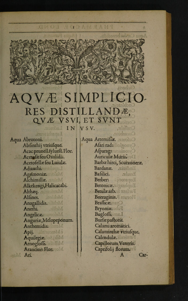 .’\ i i ii u r ’ ' ro. t » • r •>, r\ > Ut • *- . - AQV/E RES DISTILLAND^, .. , \ «• >r> > « •- * «•» ir. •. i QViE- VSVI, ET , IN V S V. Aqua Abrotoni. Abfinthij vtriufquc. Acac prunell.f ylueft. Flor. Acet#fe icu Oxalidis. Acetofelbefeu Luiulas. Adianthi; Agrimonias. Alchimillas. AlkekenggHalicacabi. Althas$. / Alfines. Anagallidis. Anethi. I •'! Angelica:. Anguria^Melopeponum. Anthemidis. Apij. /i *j Aquilegias. ArnoglolG. Arancior; Flor* Ari. I r . ' ’ 1 ' $ « * i - .1 V ' Aqua Artemiffas. Aiarirad: r ■ , ■ j Aiparag: Auricula Muris^ Barbas hirci, Scurzoneras. Bardanas. .-xir/:r. :T Bafilici. .t-I Berber: o Betonicas. V I * Betulas arb. Borraginis. Braflicas* , •.) Bryonias. Bugloffi; 'ar.J Burfas palloris. Calami aromatici. Calaminthas vtriufque. Calenduke. Capillorum Ventris. Caprifolij florum* . A Car-