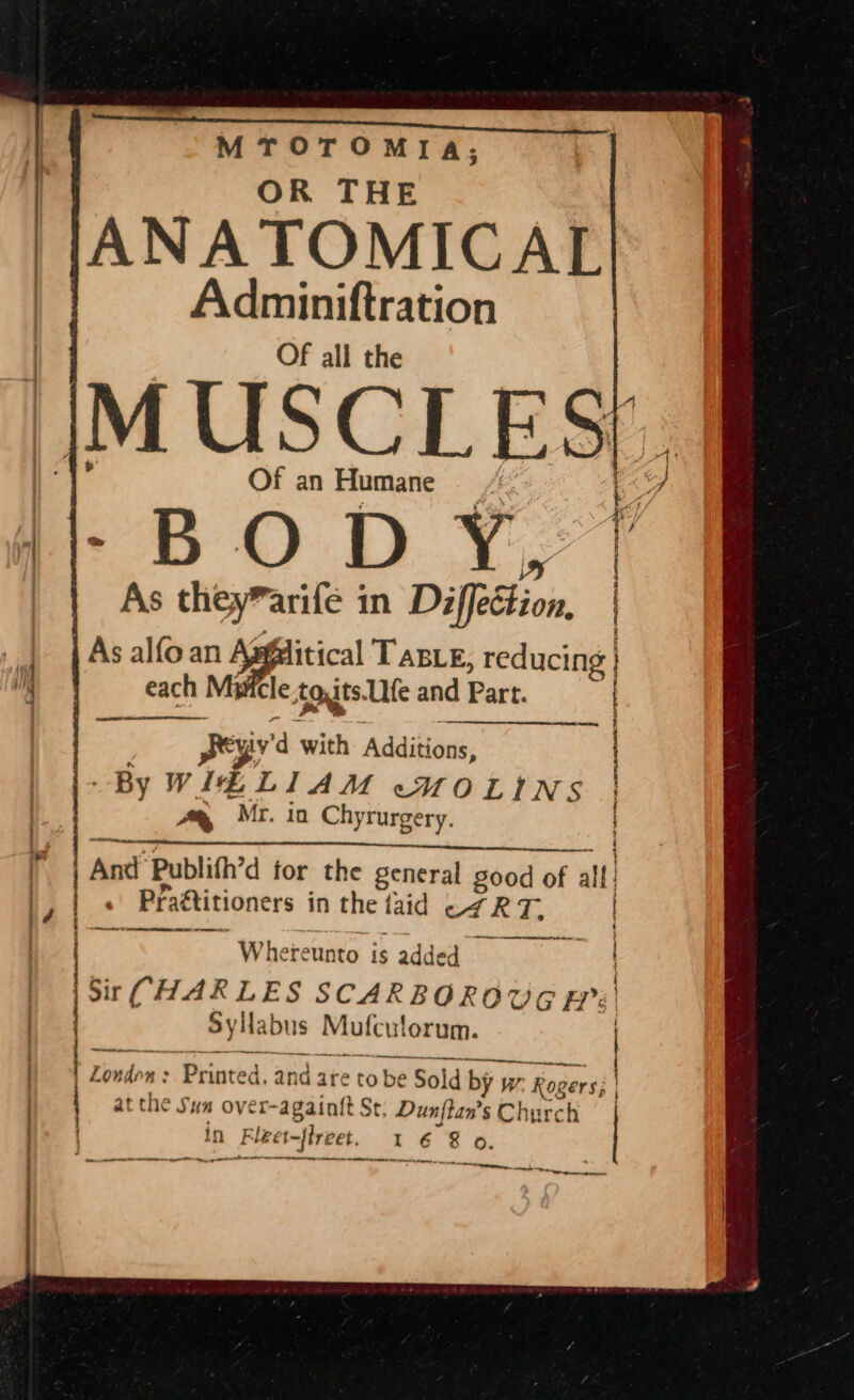 MTOTOMIA; OR THE ANATOMICAL Adminiftration Of all the Of an Humane /s b&lt; BODY, / As they*arife ; in Diffestion, | As alfo an Ag@dlitical T ance, reducing |} each Myicle tots Ufe and Part. — eee i Jey ‘d with Additions, By W ELI AM cMOLINS | vm, Mr. in Chy rurgery. And Publith’d for the general good of all Practitioners in the faid ci R Fw | er RN Whe reunto is added Bie Sir (HARLES SCARBORO dG eH | Syllabus Mofent lorum. | London s : Printed, and are to obe Sold by w by w ‘Rogers; | at the Sun over- meh tSt. Dun iftan’s Church in Fleet-flre ete 2 8 8 O. ec mena get, amen a