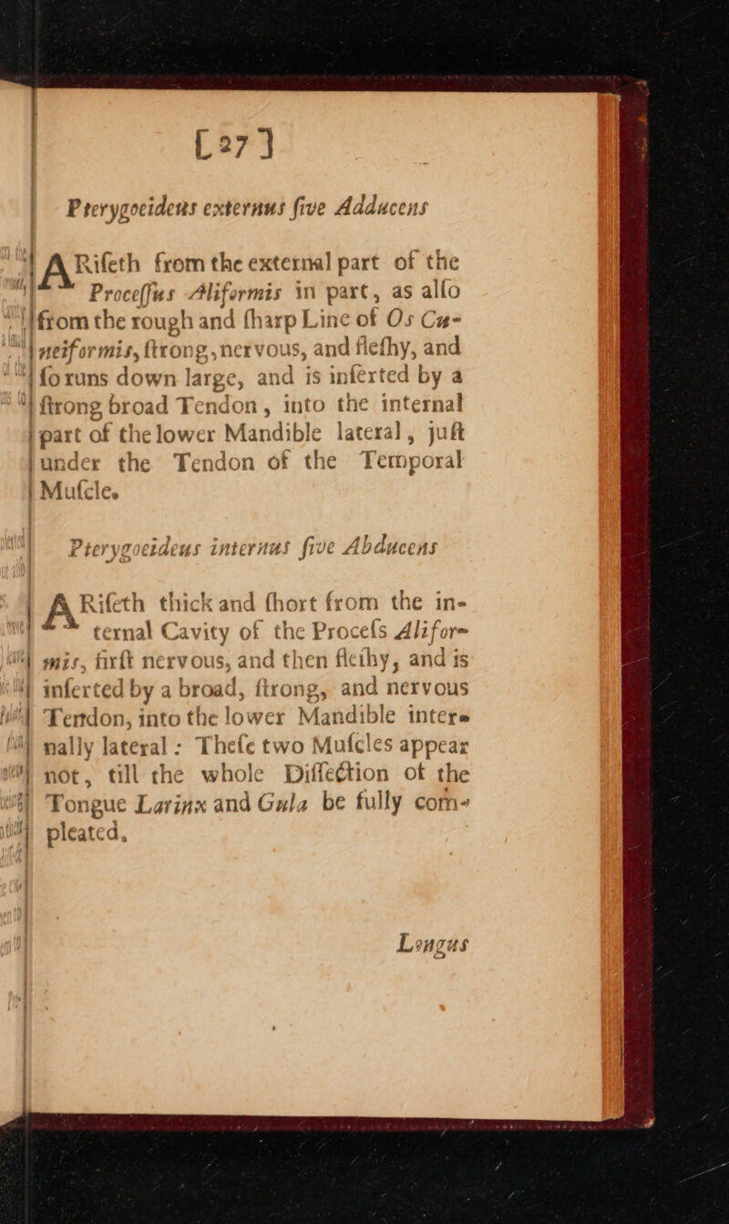 [27 Prerygocidens externus five Adducens Rifeth from the external part of the Proceffus -Aliformis 10 part, as allo vi Vibe ‘ foruns down large, and is inferted by a ftrong broad Tendon, into the internal part of the lower Mandible lateral, juft Pterygoeideus internus five Abduc Rifeth thick and fhort from the in- ternal Cavity of the Procefs Alifor= mis, firft nervous, and then ficihy, and is inferted by a broad, ftrong, and nervous Tendon, into the lower Mandible intere nally lateral: Thefe two Mufcles appear not, till the whole Diffe¢tion of the Tongue Larinx and Gula be fully com- pleated, Lougus
