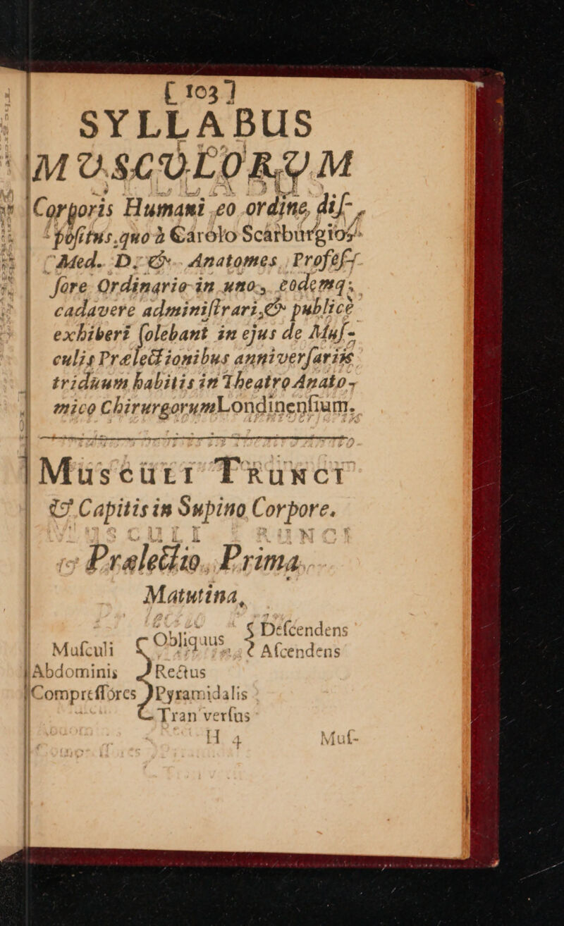 SYLLABUS (MUSCULORY M + |Corgoris Humani .co ordine. dif- | A | “bofitus.quor Earolo Scarburgios: “Med. Dee... Anatomes, Profefy fore Ordingrio-in.uno-, codemq, cadavere adminiftrari,@® publice exhiberi (olebant in ejus de Muf- culis Preleionibus anni ver[arits triduum habitis in Theatro Anato- mico ChirurgorumLondinenfiium. | Jah ciint TRuNct F Capitis is Supino,C ‘or pore. Pralettio..Pr imag ee Matutina, ee Oblia is, gs (Cendens Mulculi rey, Afcendens tAbdominis Reftu J Compreffores JPyramidalis Tran ve ithe Hf