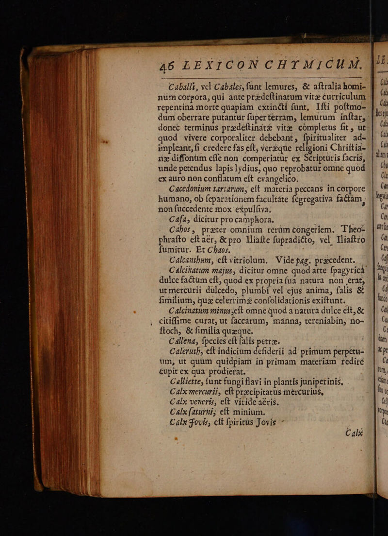                i v ull EE - iura: m s  impleant, fi credere fas eft, verzque religioni Chriítia- nz diffonüm cffe non comperíatur ex Scripturis facris, unde petendus lapis lydius, quo reprobatur omne quod ex auro non conflatum eít evangelico. Cacedonium tartarum, elt materia peccans in corpore humano, ob feparationem facultate fegregativa fadiám, non fuccedente mox epulfiva. C4fa; dicitur pro camphora. , Cabos, preter omnium rerüm congeriem. Theo- phrafto eft acr, &amp; pro lliafte fupradi&amp;to, vel Iliaftro fumitur. Et Chao. Caltautbum, eft vitriolum. Vide pag. przcedent. ut mercurii dulcedo, plumbi vel ejus anima, falis &amp; fimilium, qux celerrima&amp; confolidationis exiftunt. C alcinatum minus elt omne quod a natura dulce eft, &amp; citiffime curat, ut faccarum, manna, tereniabin, no- ftoch, &amp; fimilia quzque. € allena, fpecies eft (alis petrze. : Calerutb, eft indicium defiderii ad primum perpetu- um, ut quum quidpiam in primam materiam rediré &amp;upit ex qua: ptodierat. C 4llictte, funt fungi flavi in plantís junipetinis, . Calx mercurii, eft prxcipitatus mercurius, € alx veneris, eft viride aéris. Calx (aturti; eft minium. C ilx ovis, clt fpiritus Jovis * C alx                    Gh Gn | amr (n n 