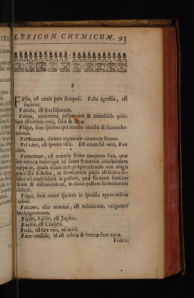     | | dy EXICON CHTMICI M. 93    t L] qu MESDECUOFENM i» 185855533555:552382585285 eli d 3639322 2301037303, 0373032203 7373 71 931 Der Tull gez, was. DATA CPC, 7798 202. - 2X 036 2d ye 2X9 2655; (unt Dé verus m Dum si Mn c DeL vA Lue e dL Ud: SE un MESES quGt eva Judo dao .oGb dU7bdDis owe (uu |                               iod finc | manes | | W^ ME ba, eft tertia pars fcrupuli. — Fab agreftis, eit (xt, eid IL — fupinus. ku Fabiola, cft los fabarum. polo E Farm, imaármeni, pefpetuum &amp; infenfibile quid- mad Iam aftrorum coeli, folis &amp; Ida. Erie | Flage, fünt fpiritus qui norunt occulta &amp; fecreta ho- xii mi minum. SOgUMM FePWraconi, dicitur argehtum vivum ex ftanno. lum Fe/vini, e(t fpuma viti, Eft etiam fal vitri; Fax Tic vitz. CT iuur 4 Fermentum , cft materia firma tanquam fixa, quz ium 9 lux náturae materiam ad fuam firmatam conditionem nucum ua reparat, quam etiam ante priparationem non magis i igtlimam illà hbebat , tit fermentum pánis eft farina hr-           qne ael Indra vel confolidata in paftam, quz farinam fimilem: da nU aram &amp; difcontinuam, in aliám paftam fermentatàm yo id ducit. bu e fim. EM Flage, funt étiam fpiritus in feculo apparentibus yat EN rebus. AMO | | Falcz0s, alio nomine , eft Arfenicum, vulgaritet PiAuripigmentum. B rFajdir, Sa[dir, eR. Jupiter. — B Faulex, eit Chalybs. | | Fecla, elt fzx vini, vel aceti. ! Facer candide, id eft rabeg &amp; croce funtaquae,— | Fednmy    