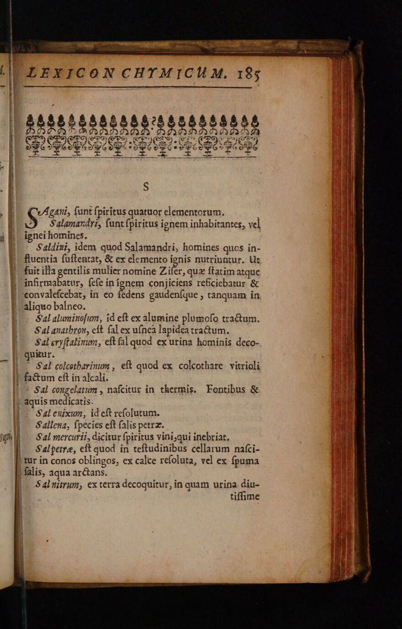                9o 9o» 1209 dS 9o J0» 2€» 90» o0 € 9u»   mmm —— A n————— . E gus funt fpiritus quatuor elementorum. D Salamardrt, (untfpiritus ignem inhabitantes, vel 3 KB. ignei homines. fluentía fuftentat, &amp; ex elemento ignis nutriuntur. Ut ! fuit illa gentilis mulier nomine Zi, quz ftatim atque || infirmabatur, fe(e in ígnem conjiciens reficiebatur &amp; | convalefcebat, in eo fedens gaudeníque , tanquam in aliquo balneo. $al aluminofum, id eft ex alumine plumofo tra&amp;um. Sal anatbron, cft (al ex ufnca lapidea tra&amp;um. Sal eryftalinum, eft (31 quod ex urina hominis deco- quiur. Sl colcetbarinum , eft quod ex. colcothare vitrioli fa&amp;um eft in alcali. ' Sal congelatum , nafcitur in thermis. Fontibus &amp; aquis medicatis. | Saleuixum, id cft refoIutum. Sallesa, fpecies eft falis petrz. Sal mercurii, dicitur fpiritus viniqui inebriat, Salpetre, eft quod in teftudinibus cellarum naíci- | tur in conos oblingos, ex calce refoluta, vel ex fpuma | falis, aqua arctans. | Salnirum, ex terra decoquitur, in quam urina diu- tiffime m