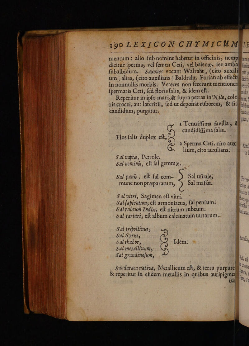                 MIS m  fpermatis Ceti, fed floris (alis, &amp; idem eR. ris crocei, aut lateritii; (ed ut deponat rüborem, &amp; fi candidum; purgatur. 1 Tenuiffima. favilla 4 E» candidiffima falis. Flos falis duplex eft, 2 Sperina Ceti, cito aux) Sal pattis , e fal com- » Sal ufuale; mune non przparatum, Q Sal maffz. Sal vitri, Sagimen cft vitri. Sal [apieutum; eft armoniacus, fal pentum; Sal rubeum India, eft nitrum rubeum. | &amp; 4l tartari, elt album calcinatum tartarum. Sal tripollinus, Sal Syrus, x) S&amp;altbabor, Sal merallauum; £a $al eraudinofum, Idém. , $andaraca tiativa, Metallicum eft, &amp; terra purpureis &amp; reperitur in ei(dem metallis in quibus auripigmeig tui -—    !ü | !! l                            fiuphu: fiitur itm Mida n Wtfyy. bh. -— La         