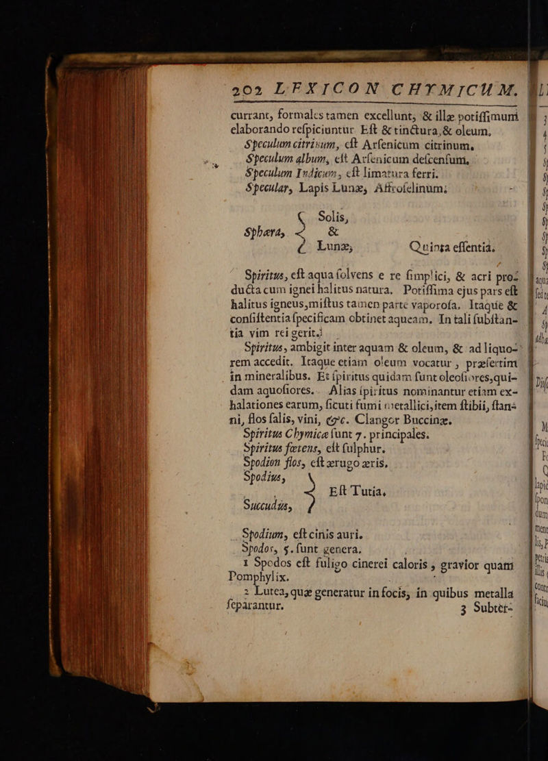       me mpm    currant, formales tamen excellunt; &amp; illa potiffimuri Speculum citrisum, cft Axfenicum citrinum, Speculum album, eit Azfenicum defcenfum, / Speculum Indicum , cft limatura ferri. $pecular, Lapis Luna Atfcofelinum; Solis, Sphaera; &amp; 4 Lunz; Q ninta effentia. Spiritus, cft aqua (olvens e re fimplici, &amp; acri pro- du&amp;a cum ignei halitus natura, — Potiffima ejus pars eft halitus igneus,miftus tamen parte vaporofa. Itaque &amp; confiftentia (pecificam obtinet aqueam. Tn tali (ubftan- tia vim rei gerit.) Spiritus , ambigit inter aquam &amp; oleum, &amp; ad liquo- rem accedit. Itaque etiam oleum vocatur , przfertim in mineralibus. E: fpiritus quidam funt oleofiores,qui- dam aquofiores... Alias (piritus nominantur etíam ex-       halationes earum, ficuti fumi «etallici, item ftibii, ftans ni, flos falis, vini, egc. Clangor Buccinz. Spiritus Chymica funt 7 . principales. Spiritus ferens, elt fulphur. Spodion flos, eft erugo zris, Spodius, Eft Tutia, Spodium, eft cinis auri. Spodor, s. funt genera. | 1 Spcdos eft fuligo cinerei caloris , gravior quati Pomphylix. : Lutea, qug generatur infocis, in quibus metalla feparantur. 3 Subter-  