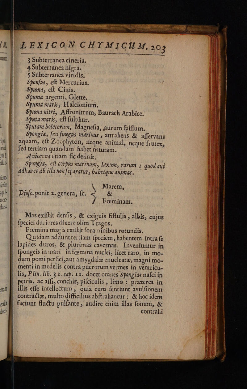      qat edi ite LEXICON CHYMICH M.205  ———ÀM—   3 Subterranea cineria, 4 Subterranea nigra. $ Subterranea viridis, potius , eft Mercurius. $Spuma, cft. Cinis. Spuma argenti, Glette, Spuma maris, Halcionium., Spuma titri, Affronitrum, Baurach Arabicc. $puta maris, eft fulphur. Sputam boleterum, Magnefia, aurum fpiffum. Spongia, feu fuugus marinus , attrahens &amp; | affetvans aquam, eft Zoophyton, neque animal, neque f, utex, fed tertiam quandam habet naturam. | Avicenna ctiam fic detinit, $pongia, cfl corpus marinum, laxumy, varum ; quod eyi adbarct ab illa uou [eparatur, babetque animas. —                              Marem, Dicfc.ponit z.genera, fc. &amp;! — &amp; Foeminam. Mas exiftit den(is , &amp; exiguis &amp;ftulis , albis, cujus fpecici duziores dixere olim T ragos. - Fomina magis exiltit forainibus retundis. Quidam addunttertiam fpeciem, habentem intra fe. lapides duros, &amp; plurimas cavernas. Inveniuntur in fpongeis in mari infoemina nuclei, lícet raro, in mo- dum pomi perficiaut amygdalz enucleatze, magni mo- menti in medelis contra puerorum vermes in ventricu- lis, P lin. lib. 3 2. cap. 11. docet oraucs Spengias nafci in petris, ac affi, conchis, pifciculis , limo : prxterea in illis effe intelle&amp;um , quia cum fentiunt avulfionem contractz, multo difficilius abftrahantur : &amp; hoc idem faciunt fluctu pulfante , audire enim illas fonum, &amp; | contrahi 
