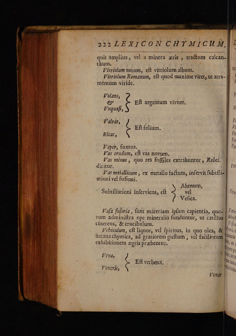        T——— € (€       | i  ! quit amplius, vel a minera zris , tra&amp;um calcan-| thum. . £O 43 Vitriolum nouum, eft vitriolum album. | Vitriolum Romauum, elt quod maxime viret, ut atra- | mentum viride. | Volans, EN e Eft argentum vivum, | Vuquafi, A V'alrát, 78 Eft folium. | Iilcac , I Vapo, fumus. p Vas crudum, eft vas novum. ^ (UM Vas miuus , quo res foffiles extrahuntur , Robel. . dicitur. vo^) e Vas metallicum , ex metallo factum, infervit fubtili- | ationi vel fufioni. |          ! Ahenum, Subtiliationi inferviens, cft vel Vefica.            Vor cinereus, &amp; crucibu]um. exhibitionem gris praebentur. Vena Eít verbená; Feneris,     
