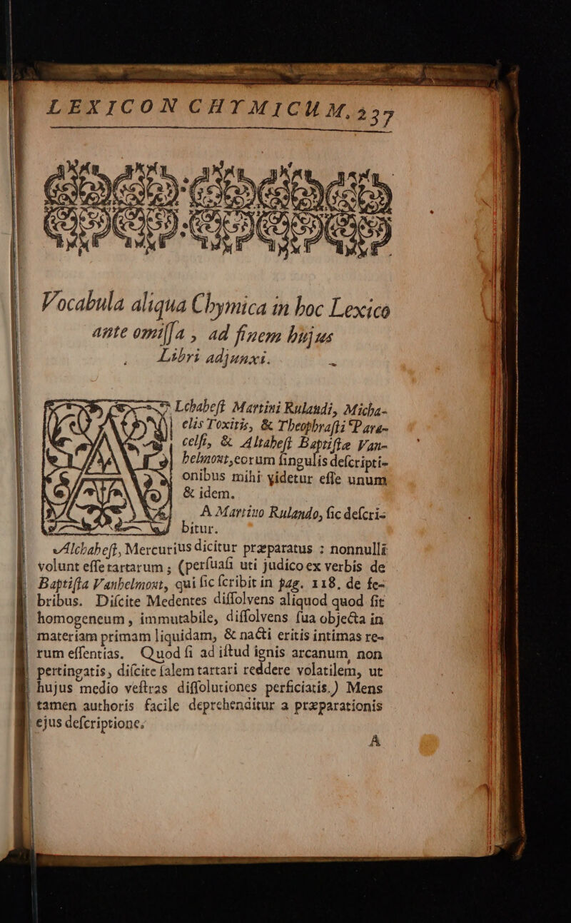     |  (] i  LEXICON CHTMICUM.255 CTS GUIDU qe ASfot PY GROCIDEOQIOQE Vocabula aliqua Cbymica in boc Lexico ante omi[[a , ad finem bujus Libri adjunxi.  -  wo Loabeft Martini Rulaudi, Micha- 22 elis Toxitis, &amp; Theophrafli P ava- wi, (fs &amp; Alabeft Bapifle Van- belinoxt,eorum fingulis defcripti- wi onibus mihi yidetur effe unum | &amp; idem. v A Martiuo Rulando, fic defcri- «4| bitur. VAltbabefi, Mercurius dicitur praeparatus ; nonnulli volunt effetartarum ; (perfuat uti judicoex verbis de Baptifta Vanbelmoxt, qui fic fcribit in $4. 118, de fc- bribus. Diícite Medentes diffolvens aliquod quod fit homogeneum , immutabile, diffolvens [ua objecta in materiam primam liquidam, &amp; na&amp;i eritis intimas re-  pertingatis , diícite falem tartari reddere volatilem, ut hujus inedia veflrras diffolutiones perficiatis.) Mens tamen authoris facile deprehenaitur a pra parationis ejus defcriptione. A | ! |             