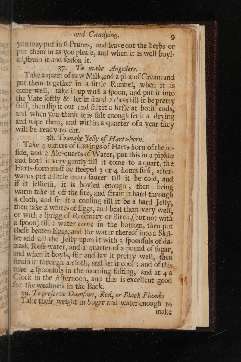 A a Ne A A A eh ee ae Silliosndiiiemenitiaiiiediee ne —_ _- 2° —— oe ana Candying, you may put in 6 Prunes, and leave out the herbs or put them in as you pleafe, and when it is well boyl- ec jitrain it and feafon it. 37. Te make Angellets. Takea quart of new Milk,and a pint of Creamand put them together in alittle Runnel, when it is come-well, take it up with a fpoon, and put it into the Vate foftly &amp; let it {tand 2 daystill it be pretty ftiff, then flip it out and faltit a little at both ends, and when you think it is falt enough fetit a drying and wipe them, and within a quarter ofa year they will be ready to eat. 38. Tomake Felly of Harts-horn. Take 4 ounces of fhavings of Harts-horn of the in: fide, and 2 Ale-quarts of Water, put this in a pipkin and boy! it very gently till it come to aquart, the Harts-horn muft be fteeped 3 or 4 hours firft, after- Wards put a little intoa faucer till it be cold, and if it jellieth, it is boyled enough » then being warm take it off the fire, and ftrain it hard through a cloth, and fet ita cooling till it be a hard Jelly, then take 2 whites of Eggs. and beat them very well, or with a {prigg of Rofemary or Birch,( but not with a {poon) till a water come in the bottom, then put thefe beaten Eggs, and the water thereof intoa Skit- fet and all the Jelly upon it with 3 fpoonfuls of da- mask, Rofe-water, anda quarter of a pound of fugar, and when it boyls, ftir and lay it pretty well, then ftirain it through a cloth, and let it cool : and of this Ke 4 {poonfuls in the morning fafting, and at 4a -lock in the Afternoon, and this is excellent good ' the weaknefs in the Back. 30. Topreferve Damfons, Reds or Black Plumbs Lake their weight in Sugar and water enough to make tr gt ee