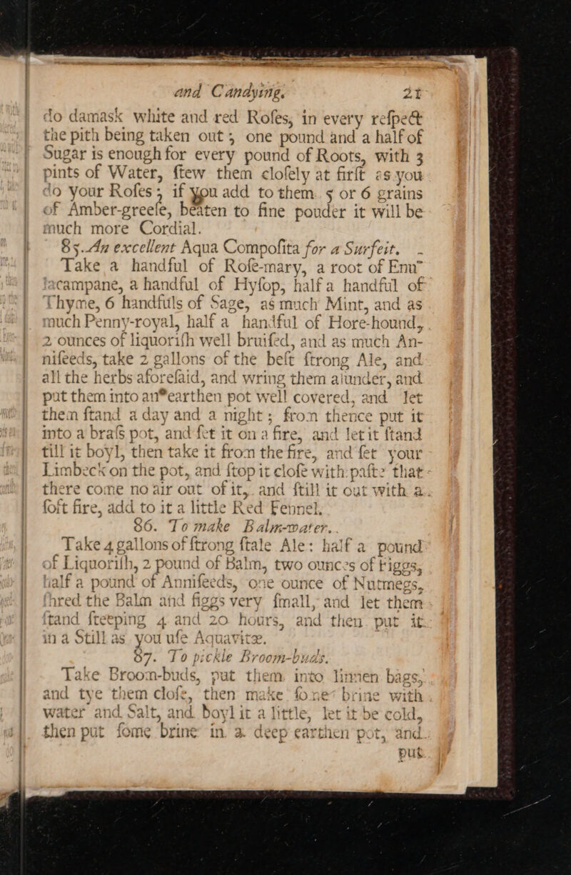 do damask white and red Rofes, in every refpe® the pith being taken out, one pound and a half of Sugar is enough for ey very pound OF Roots with 3 pints of Water, ftew them clofely at firlt as you lo your Rofes ; if you add to them. 5 or 6 g rains of Amber-greele, ais to fine pouder it will be nuch more Cordia 85.4 excellent ue Compofita for a Sui pfeit. Take a handful of Rof- mary, a 2 of f Enu | campane, a handful of Hyfop, halfa handful of Chyme, 6 handfuls of Sage, ag much Mint, Gnd as auch Penny. -royal, half a hanstful of Hore-hound, 2 ounces of liquorifh well bruifed, and as much An- nifeed Is, take 2 2 gallons of the beft ftrong Ale, and. all the her faid, and wring them a pia and put them int ‘then pot well covered, and Tet thie: n ftand a ie and a night; fron thence put it into a brals pot, and fi re, and letit ftand S “rn TC) Lis 7 ) efit ona fi it bo} l, then take it from the fire, and fet your y and {ton it {&gt; carith- not ys imbeck on the pot, and {top it clofe with: paftz that a Awa YN a+ To Ca n ; #474 # 1 3 EEF © fieve come no ai ¥ out of it, and itil it out with a ‘ 4 if foit fire, add to it a little Red Fennel. 86. Te make Balm-watrer. eae llons of trong {tale Ale: halt a pound. CT pon 24] WO ONNCe2c af Kioge Of LIquot “ith 2 pound of Balm, CWO OUNCLS Of Piges, ialf a p und t of Annifeeds, one ounce of N utmegs, nored the Balm ahd figgs very fmall, and let them itand f{teeping 4 and 20 hours, and then put it ia Still as you ule Hquavitee. 37. To pickle Broom-buds. 'T’.1 ] rn ct : nes , ane ee ? A iS eal Take Broom-buds, ; at them. into linen bags and tye th em lols, then make { &lt;TT* One’ brine with