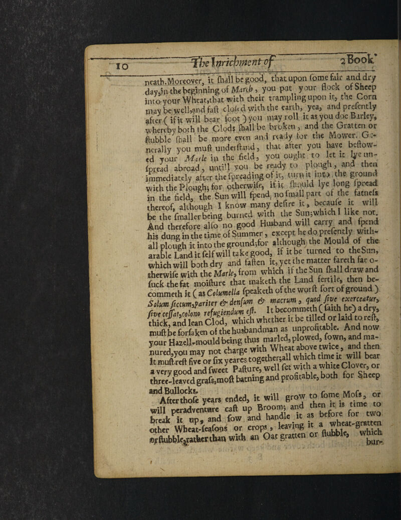 •a ' . if. t neath.Moreover, it (hail be good, that upon fomefair and dry day.ln the beginning of Manh, you pat your flock of Sheep into your Wheat,that with their trampling upon n> the Corn may be wetland fail doi.d with the earth, yea, and prefently after ( if it will bear foot-) you nwy roll it as you doe Barley, whereby both the Clods (hall be broken, and the Gratten or ftubble (hall be more even and ready tor the Mower .^Ge¬ nerally you mud underftand, that after you have bellow¬ ed your Mule in the field, you ought to et it tye un- fpread abroad, untill you be ready to plough, and then immediately after the fpreading of it, turn it into the ground with the Plough; for otherwiff, if it ftipuld lye long (pread in the field, the Sun will fpend, nofmallpart of the fatnefs thereof, although 1 know many defire it, b^caufe it will be the fmaller being burned wtth the Sun;which I like not And therefore alio no good Husband vy.ll carry and fend his dung in the time of Summer, except he do P«ftn£ly wuh- all plough it into the ground-,for although the Mould of the arable Land it felf will take good, if it be turned to theSun, which will both dry and fallen it, yet the matter fareth far o- therwife with the Marie, from whkhifthcSun Ml draw and fuck the fat moifture that maketh the Land fertllf the be- commeth it ( as Columella fpeaketh of the word fort of ground ) Solum fiaumrfariter & denfuni & macrum, Z* five ceffatycelono refugiendum eft- It becommeth (faith h ) a dry, thickfand lean Clod, which whether it be tilled or laid to reft, muftbeforfaken of the husbandman as unprofitable. And now your Hazell-mould being thus marled, plowed, fown, and ma- } r naz u , Wheat above twice , and then will peradventare caft up Broom, an break it ud. and fow and handle it as before tor two .it. ^ / c > ' PrAM levins it a wheat-gratten other Wbeat-leafoos or crops, lea i g nnukie which ©rftubble^ratUerthan with an Oat gratten > i