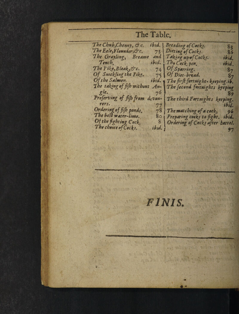 83 iyid. The Chah^Chenny^ O e, ibtd. | Breeding of Ceckj, TheEeleyflounder-,&c, jy Dieting of Cocks. The Grayling.^ Breame and Taking ptp of Cocks, Tench, ' ihid, Tho Cock: pen. The Pike^B/eaki&c, - 74 1 Of Sparring, _ Sj Of Smekjingthe Tike. \ Of bread, - 87 Of the Salmon. ibid, « 'The firjl fortnight^ kj^eping.ib. Jhe takingof fifh withom An^ gle. 76 Treferving of fijh from dtvoa¬ rer s. fy-j Ordering offifh ponds, 78 The beFi water-lime, 8 o The fecond fortnights • 89 The third Fortnights keeping, ibid. The matching of a coek. 9 6 Preparing coekj to fight, ibid. , oo \ rrepanngcoelej topgnt. tbtd. ^ the fighting Cock^ 8 1 Ordering of Ceckj after battel. The chotce of Cocks, ibtd, ^ ' ^7 j.y :> FINIS. \