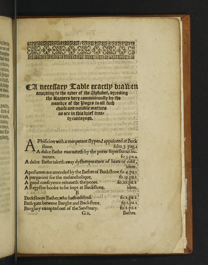 O neceffarp xable eractlp tuaumi anting to tbe ojoer of tbe alphabet, everting tbe Mcaorrs ten? commotjioufip bp tbs irambae of tbe pages to alt fact* cbafe ant) notable matters asaretntbtsbjtef trea* . tpcontapneo*! / - - .b&;c5-*Dn3z -;i info: iCE tA ;■! uOni .3 ;-/>.i poi wo:. VSiCL I ! .*• •id ■jiOO Bone. ’ folro.3. pag.i A A duke Bathe euacuateth by the pores1 ftperfluous hu¬ mours. fo.j.pa.z A dulce Bathe talccth away dyflemperature of hoatebf Cdld^ ' idem. Apoflcines are amended by the Bathes of BuckBonc.fo^. pa. i A purgation for the melancholique, fb. ip.pa.l A good confcyence rckaucth the poore. v fo.2d.pa:f A Regyftrc bookc to be kept at Buckftone, idem. tqj 6 p : Bucktkmcs Bathes,who hathedifyedi J ‘ * < ’’ fb.2,pjt:a ‘ Bathgate betwene Burghe and Buckftonc, f<^.i.pa. iT Burglary excepted out of the San&uary, *• ■ l <0.2.pa.z G.ii. Bather :voo