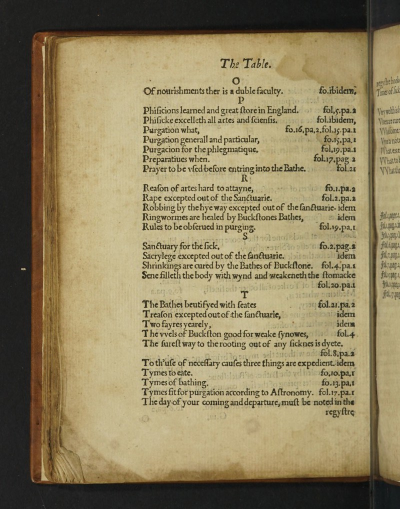 o Phificions learned and great ftore in England. Phifickeexcelkthall artes and feienfis. Of nourishments ther is a duhlc faculty. fo.‘ibiden% P fol.f.pa.a fol.ibidcm. Purgation what, fo.i^.pa.a.fbl.iy.pa.i Purgation generall and particular, fo.15.pa. 1 Purgacion for the phlegmatiquc. fol.ip.pa.i Prcparatiucs when. fol.17.pag 2 Prayer to be vied before entring into the Bathe. foi.21 R; Reafon of artes hard to attayne, fb.i.pa.s Rape excepted out of the San&uarie. fol.2.pa.» Robbing by thchyc way excepted out of thefanftuaric* idem Ringwormes are healed by Buckftones Bathes, idem Rules to beobferued in purging. fol.ip.pa.i S Sanftuary forthcfick. - fo.2.pag.* Sacrylegc excepted out of the fanfhiarie. idem Shrinkings arc cured by the Bathes of Buckftone. fol.4.’pa.i Sene filicth the body with wynd and wcakencththe ftomacke fol.2o.pa.i T The Bathes beutifyed with feates fol.n .pa. 2 Treafon excepted out of the fanttuarie, idem Twofayresycarely, * idem T he wcls of Buckflon good for weake fynowes, fol.4 The fureflway to the rooting out of any ficknes is dyete. . fol.8.pa.a Toth’ufe of ncccfhry caufcs three things arc expedient, idem T ymes tb eate. fo. lo.pa, r Tymcs of bathing. fo.13.pa.! Tymes fit for purgation according to Affronomy. fol.17.pa.! The day of your coming and departure, muft be noted in the . \ rcgvftr<;