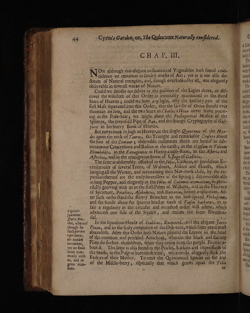 ce a See Se ete ae x = a plea oe = a) RE ee a Pa ae ® =e —— Eapitula {qaamata Duere. Baye bini, whereof though he faith perraro TéperiMAtr., bts taatam invenimas, yet we finde them com- monly with us, and in reat nume- €XS. Cyrus's Garden, or, The Quincunx Naturally confidered. CHAP, IT. cidence or imitation 1n findry.works of Art; yet is it not alfo de- ftitute of Natural examples, and, though overlooked‘by all, was elegantly obfervable in feverall works of Nature. Couldiwe fatisfie ourfelves.in the pofition of. the Lights above, or dif cover the wifedom of that Order,fo invariably maintained in: the: fixed firft Mafs feparated into this Order, that the Girdle of Orion fhould ever maintain itsline, and the two Stars.in Charles's Wain never leave point- ing atthe Pole-Star; we mighe abate the Pythagorical Mufick of the Spheres, the fevenfold Pipe of. Pan, and the ftrange Cryptography of Gaf- farel in hisStarry Book of Heaven, | But notto look fo.high as.Heaven,or the fingle- Quincuzy of thé Hya- des upon the neck.of Tauras, the Triangle and remarkable Crafero about the foot of the Centaur 3 obfervable rudiments -there-are hereof in fub- terraneous Concretions and Bodies in the earths .1n the Gyp/am or Talewis Rhonsboides, inthe Favaginites ot Honey-comb-{tone,, in. the A/feria and A froitesy and-in the crucigerous Stone of S.fago of Gallicia. The-fame is obfervably : effected in the Lé#lus, Catkins, or: pendulous Ex- hanging all the Winter, and maintaining their Net-work clofe, by, the ex- in long Pepper, and.elegantly in the /élas.of Calamus arouaticus,{o plen- tifully growing with us in the firft,Palms of. Wallows, jand in the-Flowers of Sycamore, Petaftes, Alphodelus, and.Blateariay before-explication. Af- ter fuch order ftandthe flowry Branches. 1a, our, belt-{pread Verbafcam, and the Seeds about the fpicous header torch of Tapf4s barbatus, in as fair a regularity as the circular and wreathed order will admne, .which advanceth one fide of .the Square, .and» makes; .the. fame» Rhomboi; dal. os EL In the {quamous Heads of. Scabious, Knapweed, «and the: elegant: Faces Pinan,.and in the {caly compofure of the Oak-rote, which fome years matt Flies do fhelter. themfelves,. when they retire from the purple .Flowerar bout.it.. The fame is alfo found in thé Pricks,. Sockets and impreflionts of the Seeds, in the Pulp or bottom thzreof; wherein do. elegantly. ftick the Fathers of their Mother. Toomit the Quincuncial Specks on, the top of the Mifcle-berry, efpecially that which -gcows upon. the Tilia or C or Lim sboat t hatly { The with b work ¢ The ynthis ( anditen Masgot jar Shalt theofhc thofe wate Infect es) W Bowe In Barr upon lifado the li aScal The der, a thy (emn TI fuck! tes | houtes of the tue th But Dofitio Quincy ali ieee, ar The