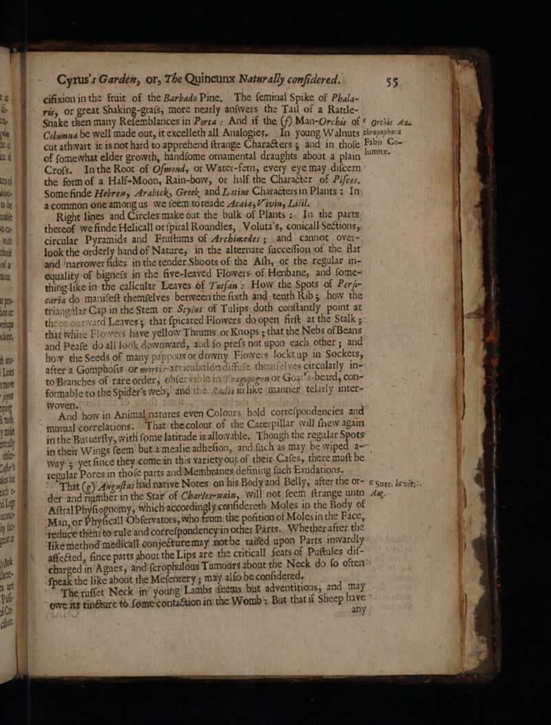 of a IAN it pd Jon of era chet, h ana Lines smove ‘joynt npg bth y mt enally obfere ‘firs kes hs ach (- vi Let neuncl y (yee et Bok ite sat Pali f Ca ci ees *) } Cyrus's Gardez, or, The Quincunx Naturally confidered. 55 cifixion inthe fruit of the Barbado Pine, The feminal Spike of Phala- ris, or great Shaking-grafs, more nearly anfwers the Tail of a Ratde- Snake then many Refemblances in Porta : And if the (f) Man-Orchis of € orchis Ai Columna be well made out, it excelleth all Analogies. In young Walnuts Si apop bora a cut athwart it isnot hard to apprehend ftrange Characters 5 snd in thofe Fabi: Co- of fomewhat elder growth, handfome ornamental draughts about a plain si Crofs. Inthe Root of Ofwond, or Water-fern, every eye may difcern the form of a Half-Moon, Rain-bow, or half the Character of Pifces. Some finde Hebrew, Arabick, Greek and Latine Charactersin Plants : In acommon one among us we feem to reade Acaia,V iving Lilil. Right lines and Circles make out the bulk of Plants ;, In the parts thereof we finde Helicall or fpiral Roundles, Voluta’s, conicall-Sections circular Pyramids and Fruttums of Archimedes ; and cannot overs look the orderly handof Nature; in the alternate fucceffionof the flat and inarrower fides in the tender. Shoots of the Ath, or the regular in- equality of bignefs in the five-leaved Flowets: of Henbane, and fome- thing-like in the calicalar Leaves of Tat{an : How the Spots of Perf- caria do manifett chemfelves betweenthe fixth and tenth Rib 5. how the triangilat Cap in che Stem or Sry/us of Tulips: doth conftantly point at three outward Leaves's. that {picated Flowers doopen firft. at the Stalk ; that White Floweis have yellow Thrums or Knops ; that the Nebs of Beans and Peafe do all look downward, aud fo ptefs not upon each other ; and how the Seeds of many pappous or downy Flowers Jocktup in Sockets, after a Gomphofis or mortis-articulatién diftule themfelves circularly in- to Branches of rareorder, ebfervadle in 7 ragupogon ot Goat?s-beard, con- formable to the Spidér’s web’ and'the: Rudi m like ‘manner’ telarly inter- woven. b SE And how in Animal natures even Colours hold correfpondencies and” in the Butterfly, with fome latitude is-allowable. Though the regular Spots in their Wings feem but a'mealie adhefion, and fuch ‘as may be wiped a-~ way 3, yet fince they comen this variety outof their Cafes, there muft be ~ regular Pores in thofe parts and‘Membranes defining fach Exndations. That (2) Aigu/tas had native Notes: on his Bodyand Belly, after the or- &amp; cuee. ia-vits:. dev and naiber in the Star’ of Charles-wain, will not feem ftrange unto Ax. Aftral Phyfiognomy, which aécordingly.confidereth Moles in the Body of Man, or Phyficail Obfervators, who from: the pofition of Molesin the Face, reduce themtorule‘arid correfpondency in other Parts. Whetherafter the Hike method medical conjecturemay motbe raiféd upon Parts inwardly affected, fince parts about the Lips are the criticall feats of Puftules dif- charged in 'Agues, and‘{crophulous Tumoars about the Neck do fo ofter-: fpeak the like about the Mefentery ; may alfo be confidered. The ruffet Neck in’ young’ Lambs éeems: but adventitious, and. may owe its tinéture to: fome-contastion in: the Womb :- But that if Sheep have * any