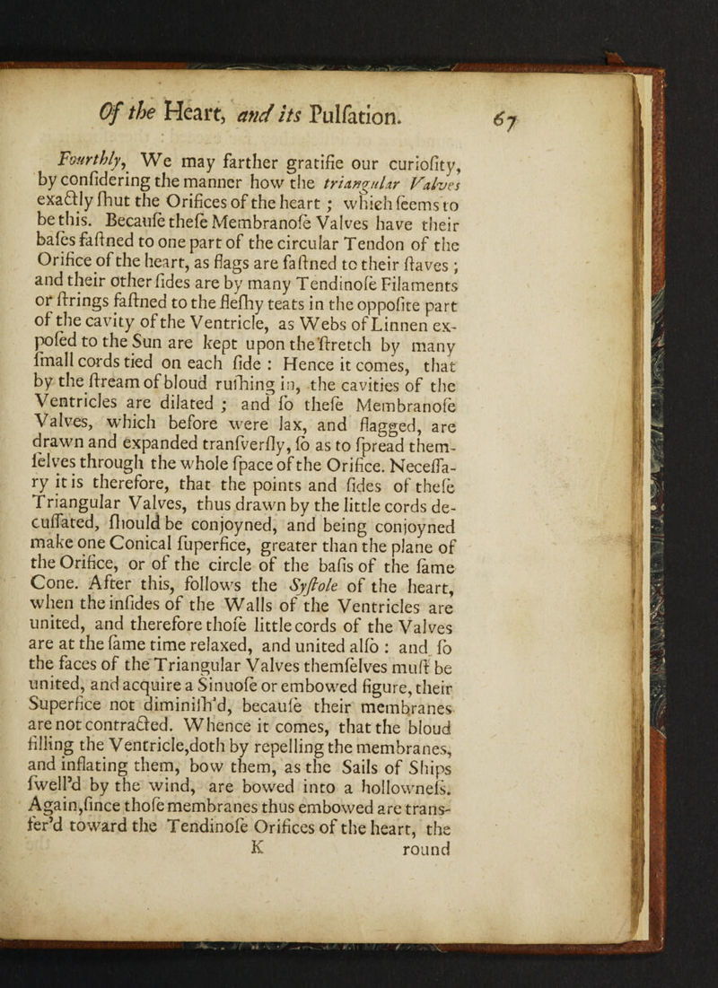 Fourthly, We may farther gratifie our curiofity, by confidering the manner how the triangular Valves exaft ly fhut the Orifices of the heart; whieh feems to be this. Becaufe thefe Membranofe Valves have their bales fabned to one part of the circular Tendon of the Orifice of the heart, as flags are fabned to their haves ; and their other Tides are by many Tendinofe Filaments or brings faftned to the flefhy teats in the oppofite part of the cavity of the Ventricle, as Webs of Linnen ex- poled to the Sun are kept upon theftretch by many final l cords tied on each fide: Hence it comes, that by the fh*eam of bloud rufhing in, the cavities of the Ventricles are dilated ; and fo thefe Membranofe Valves, which before were lax, and flagged, are drawn and expanded tranfverfly, fb as to fpread them- ielves through the whole fpace of the Orifice. Necefla- ry it is therefore, that the points and fides of thefe Triangular Valves, thus drawn by the little cords de- cuffated, fliouldbe conjoyned, and being conjoyned make one Conical fuperfice, greater than the plane of the Orifice, or of the circle of the bafis of the fame Cone. After this, follows the Syfiole of the heart, when the infides of the Walls of the Ventricles are united, and therefore thofe little cords of the Valves are at the fame time relaxed, and united alfo : and. fo the faces of the Triangular Valves themfelves mub be united, and acquire a Sinuofe or embowed figure, their Superfice not diminiiTfd, becaufe their membranes are not contrafted. Whence it comes, that the bloud filling the Ventricle,doth by repelling the membranes, and inflating them, bow them, as the Sails of Ships fwelPd by the wind, are bowed into a hollownefs. Again,fince thofe membranes thus embowed are trails- fer’d toward the Tendinofe Orifices of the heart, the K round